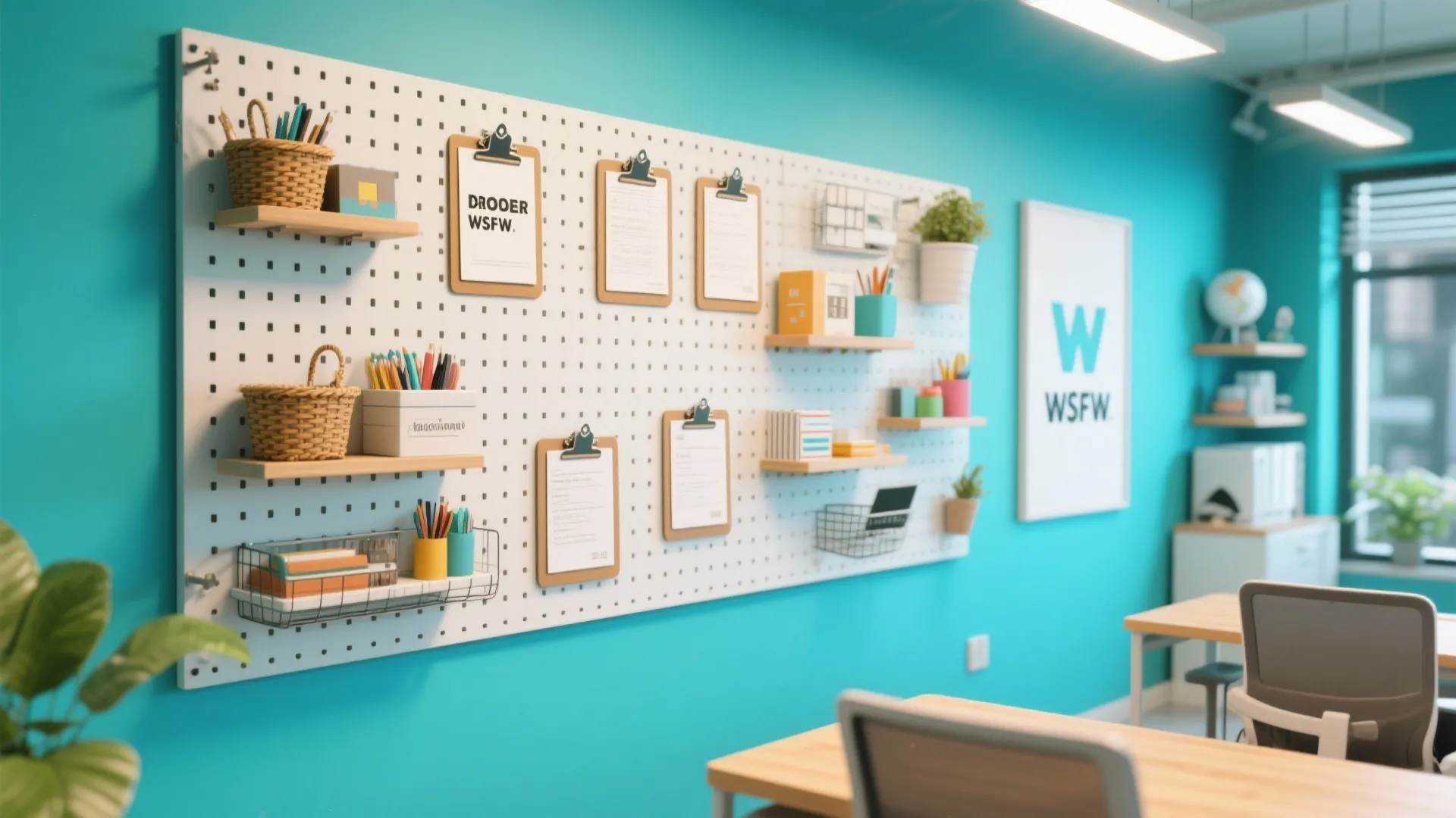 Bright blue office wall with white pegboard holding wooden shelves baskets clipboards and colorful pens