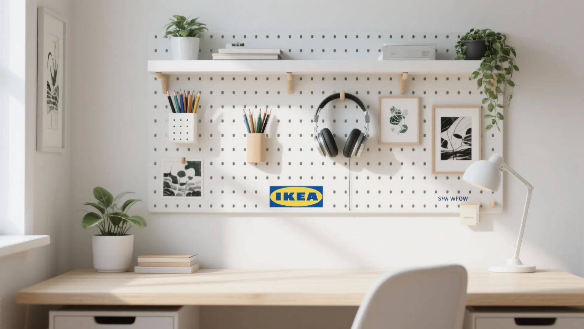 White pegboard wall organizer above wooden desk with headphones plants pencils and desk light fixture
