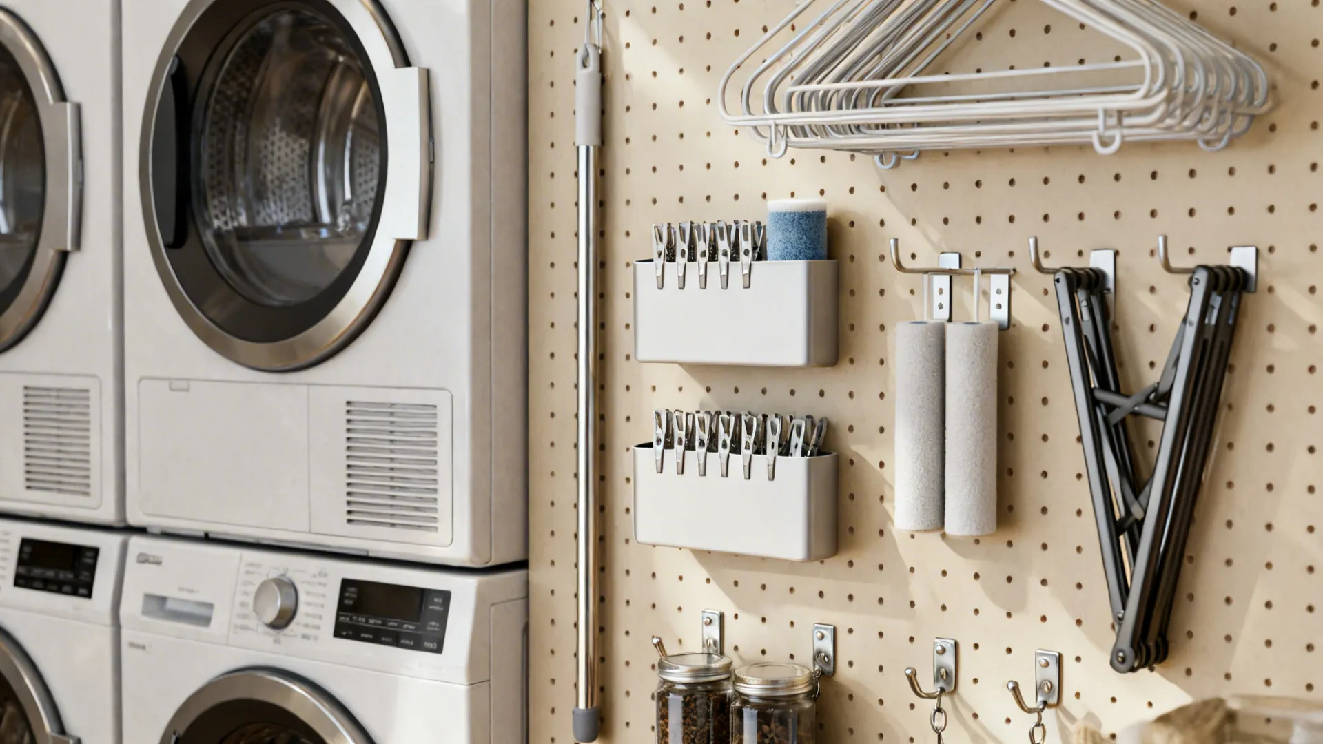 Vertical pegboard with magnetic containers and hanging drying accessories beside stacked laundry.