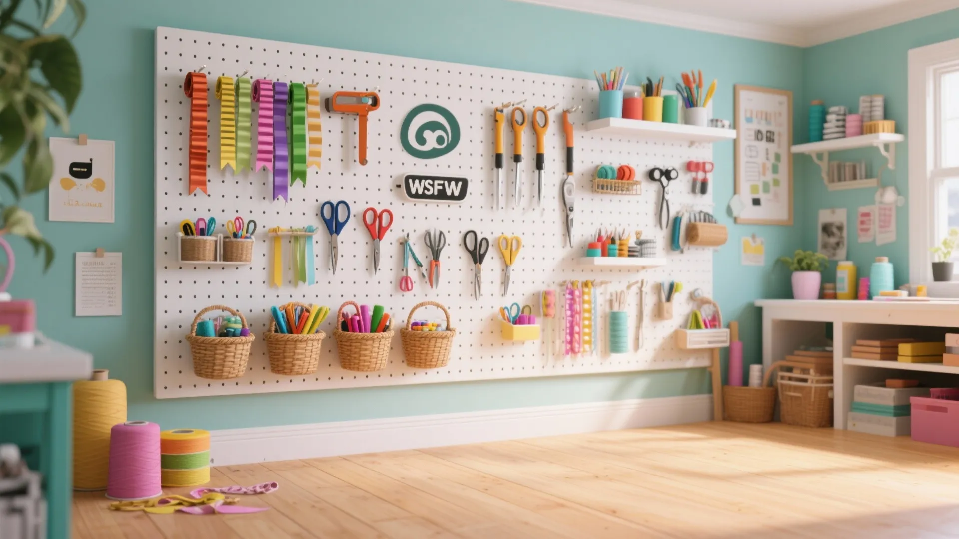 Colorful craft supplies organized on a white wall pegboard with scissors baskets and hanging ribbon tools