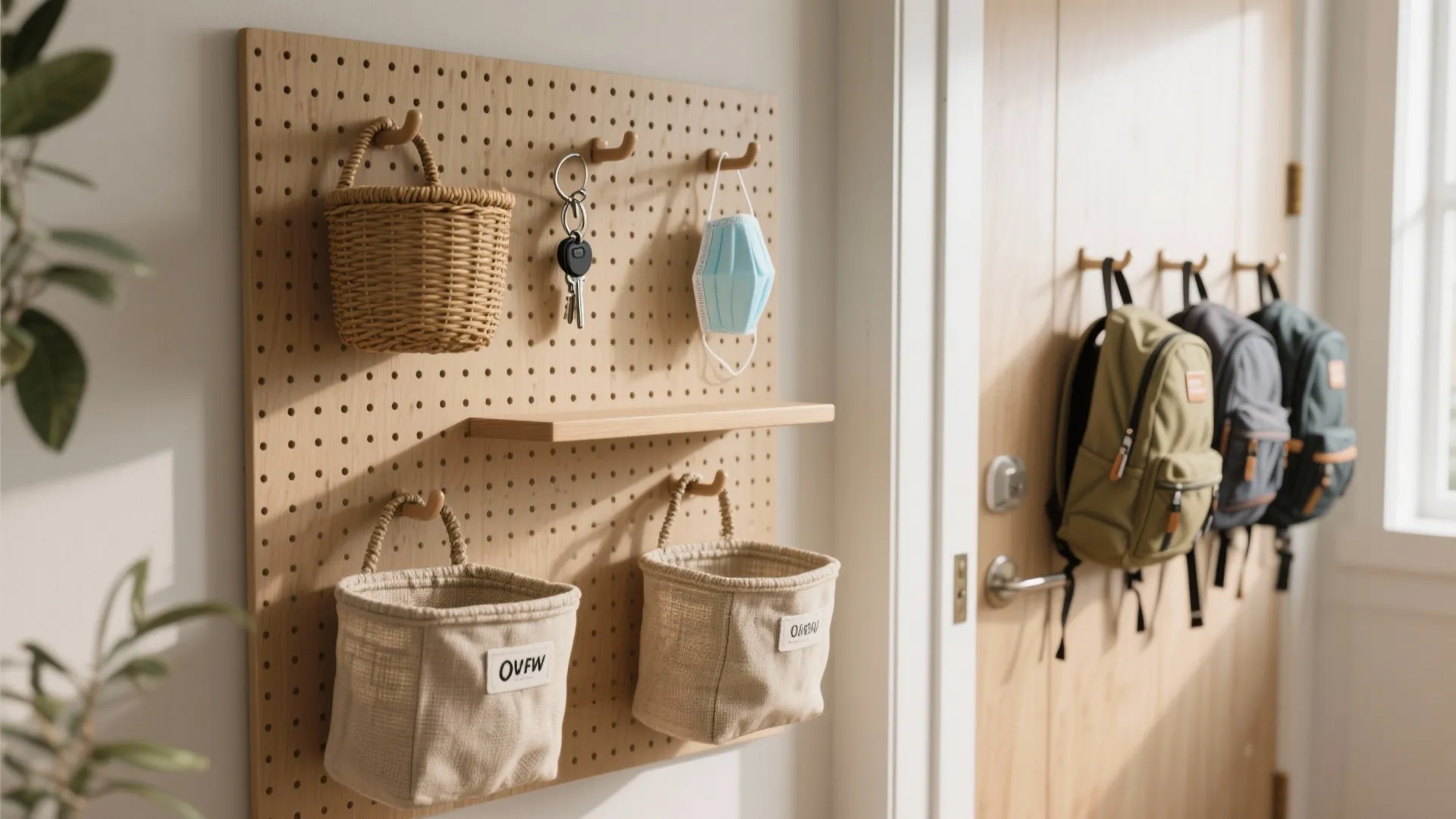 Wooden pegboard wall organizer with hanging baskets keys face mask and backpacks on door hooks