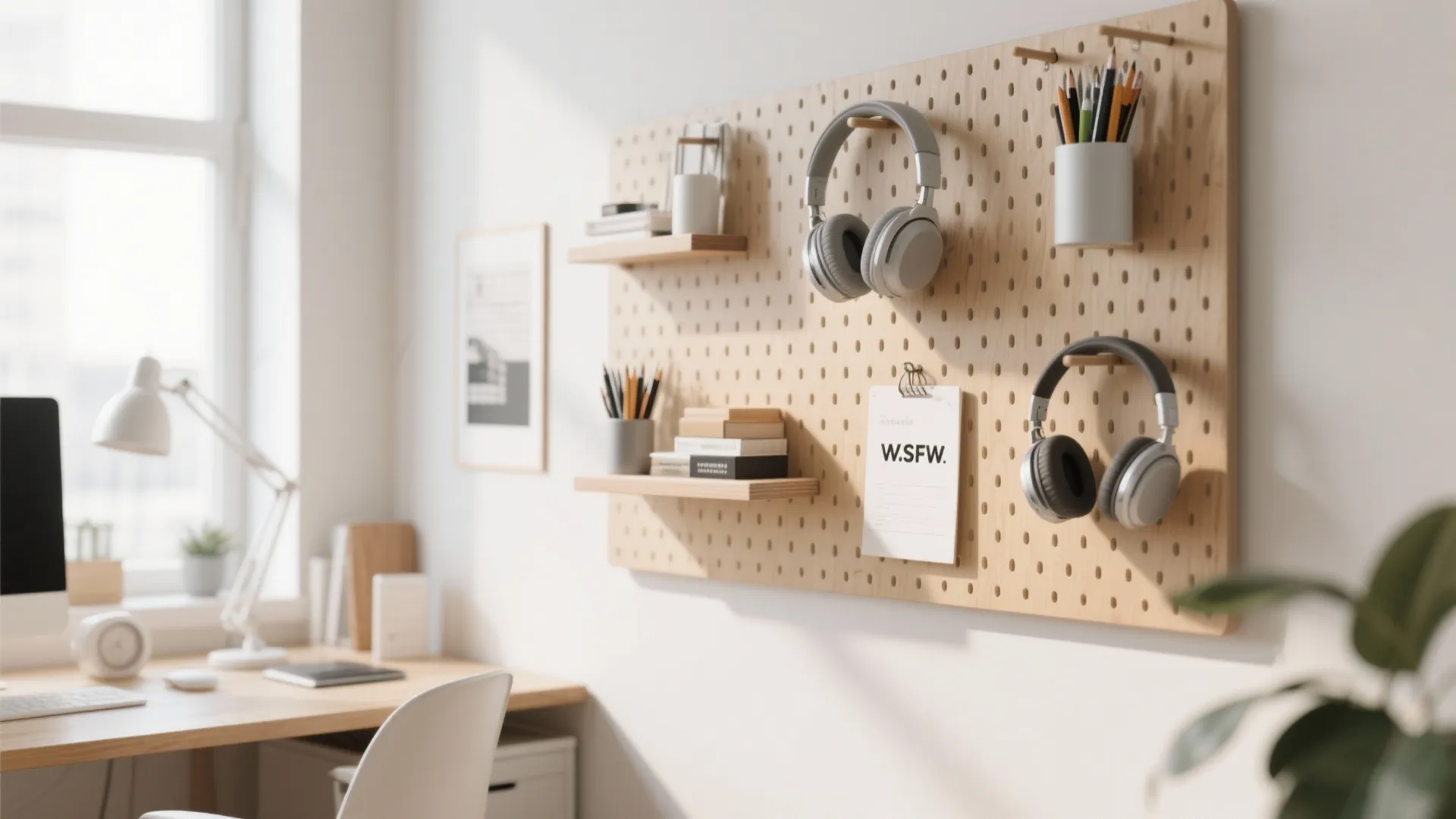Pegboard organizer with stationery and shelves in modern office