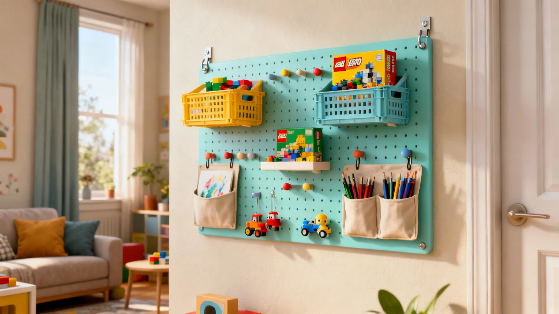 Painted pegboard with hanging crates and pockets storing small toys and art supplies.