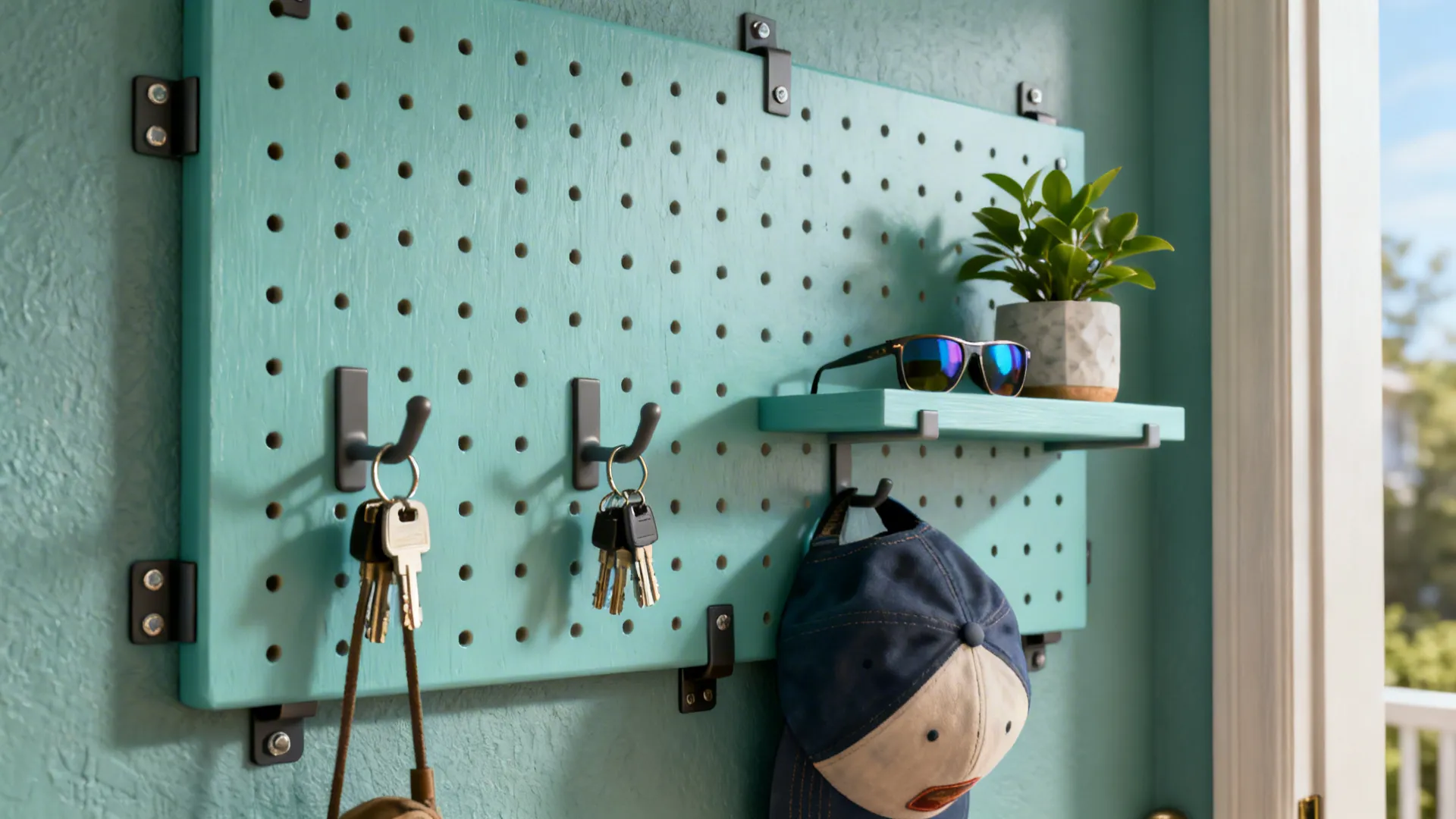 Painted pegboard organizer holding keys, hats, and a small shelf in an entryway.