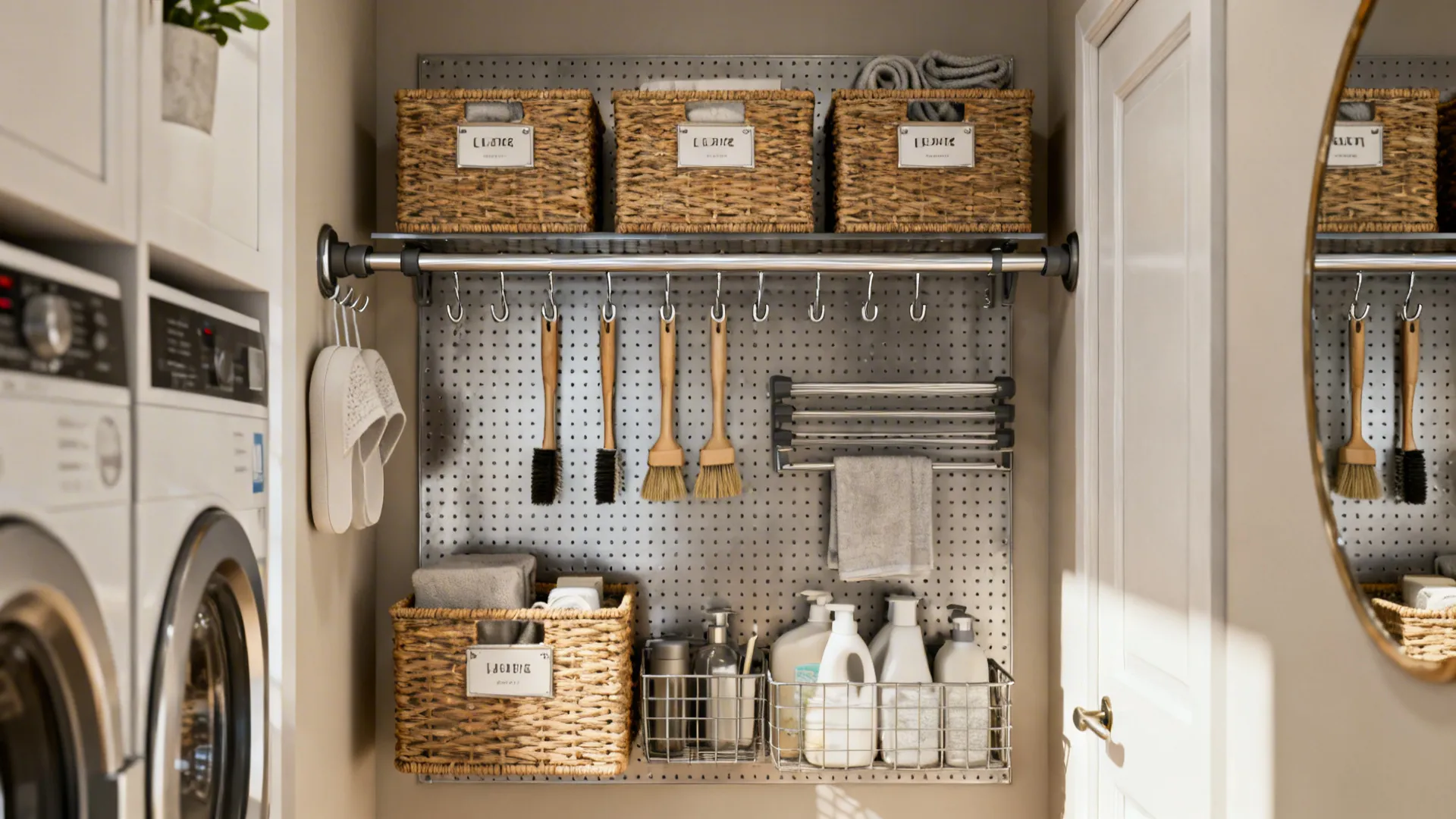 Pegboard and over-the-door organizer with labeled baskets and retractable drying rod in a tiny laundry area.