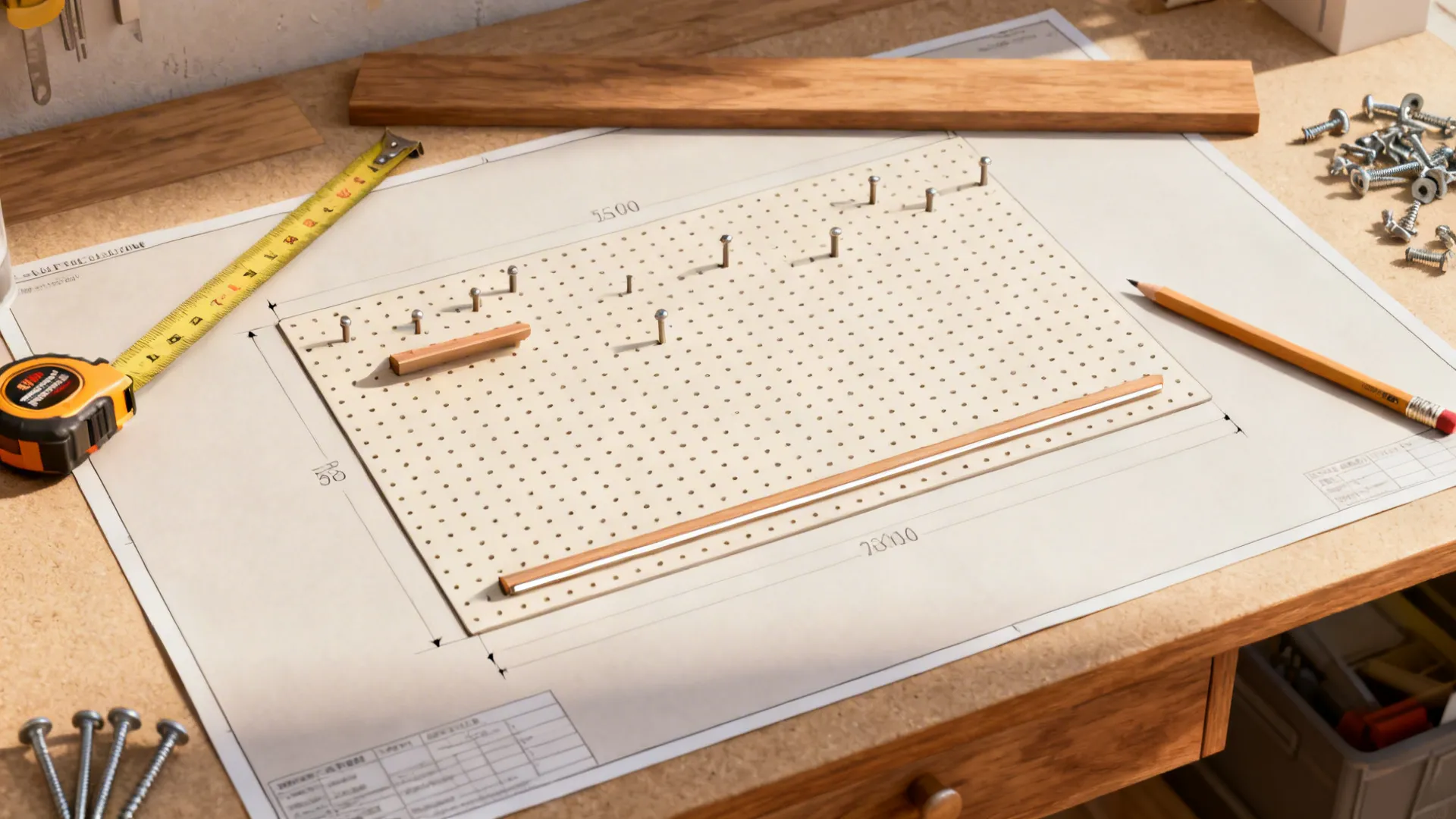 Top-down layout of a pegboard grid with pegs and shelves planned on a worktable.