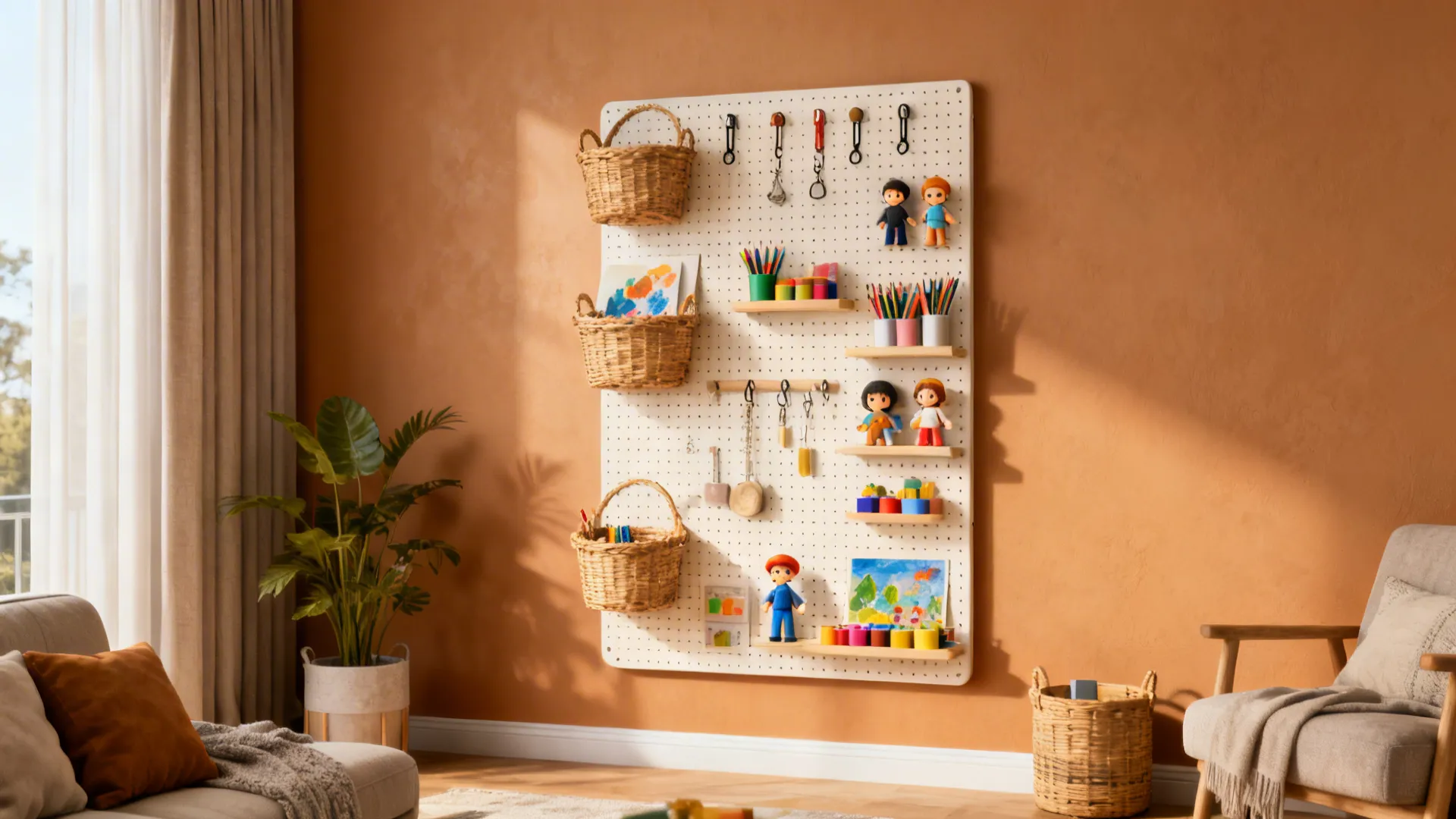 3. Wall-mounted pegboard play station