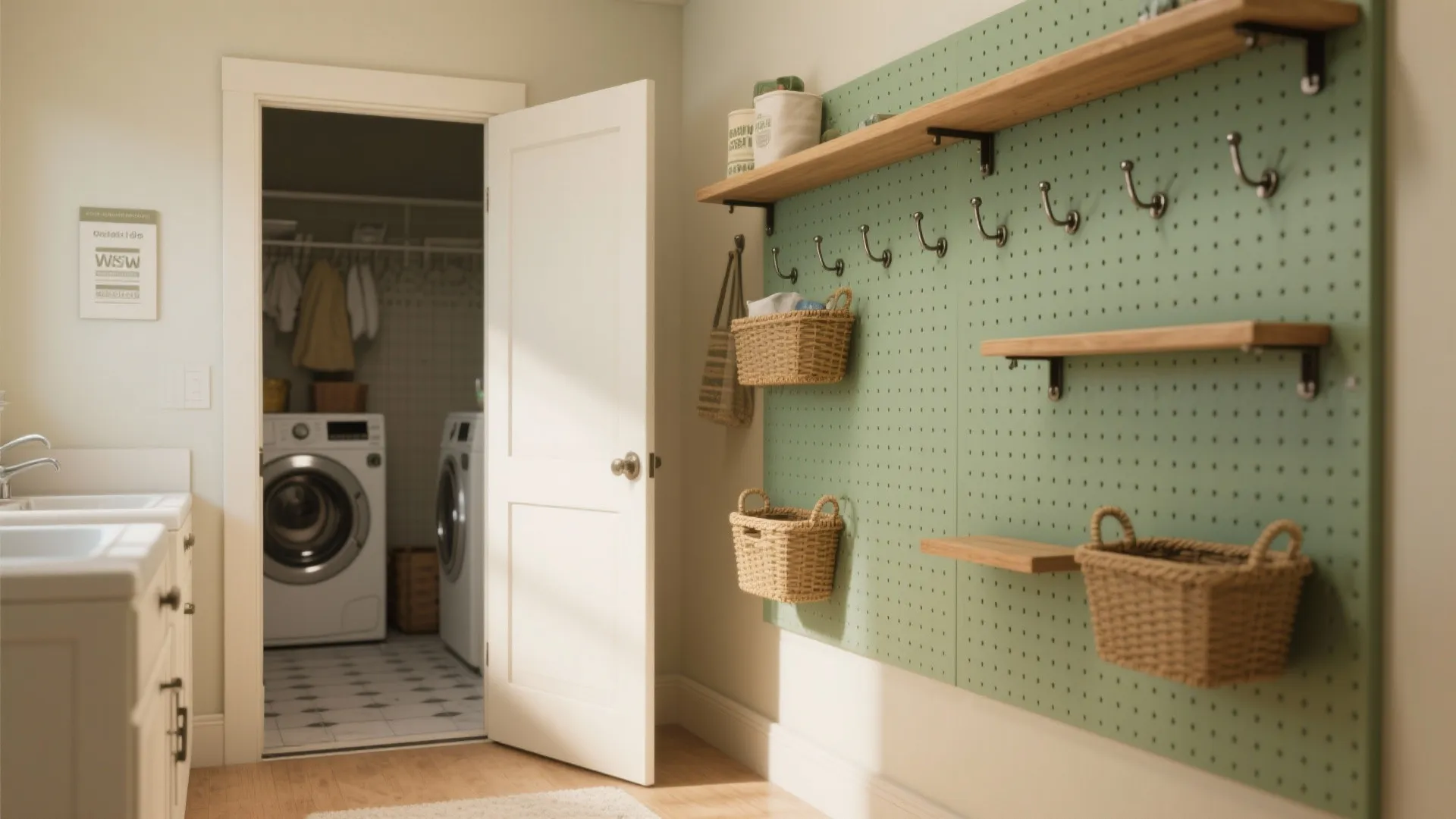 Pocket door and vertical pegboard wall