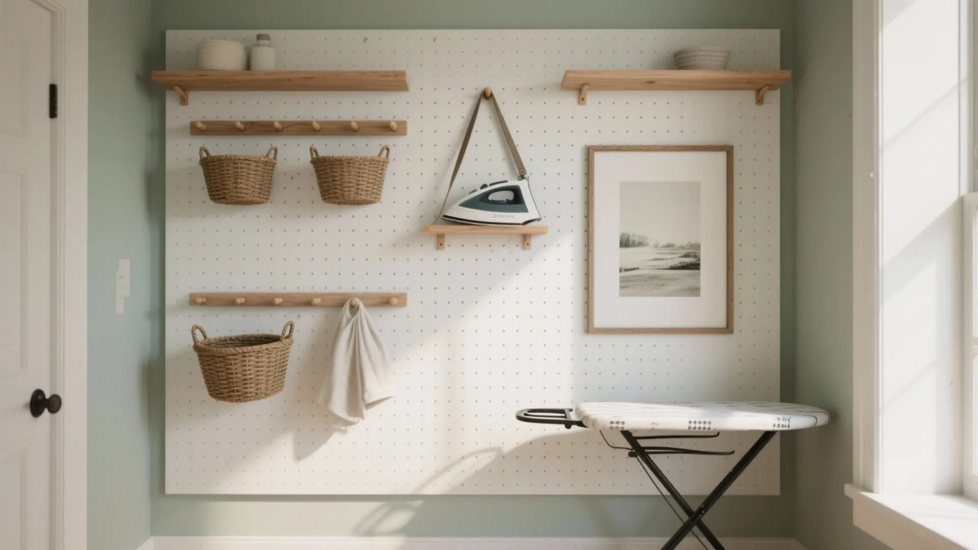 White wall pegboard with wooden shelves woven baskets iron framed art and laundry room table