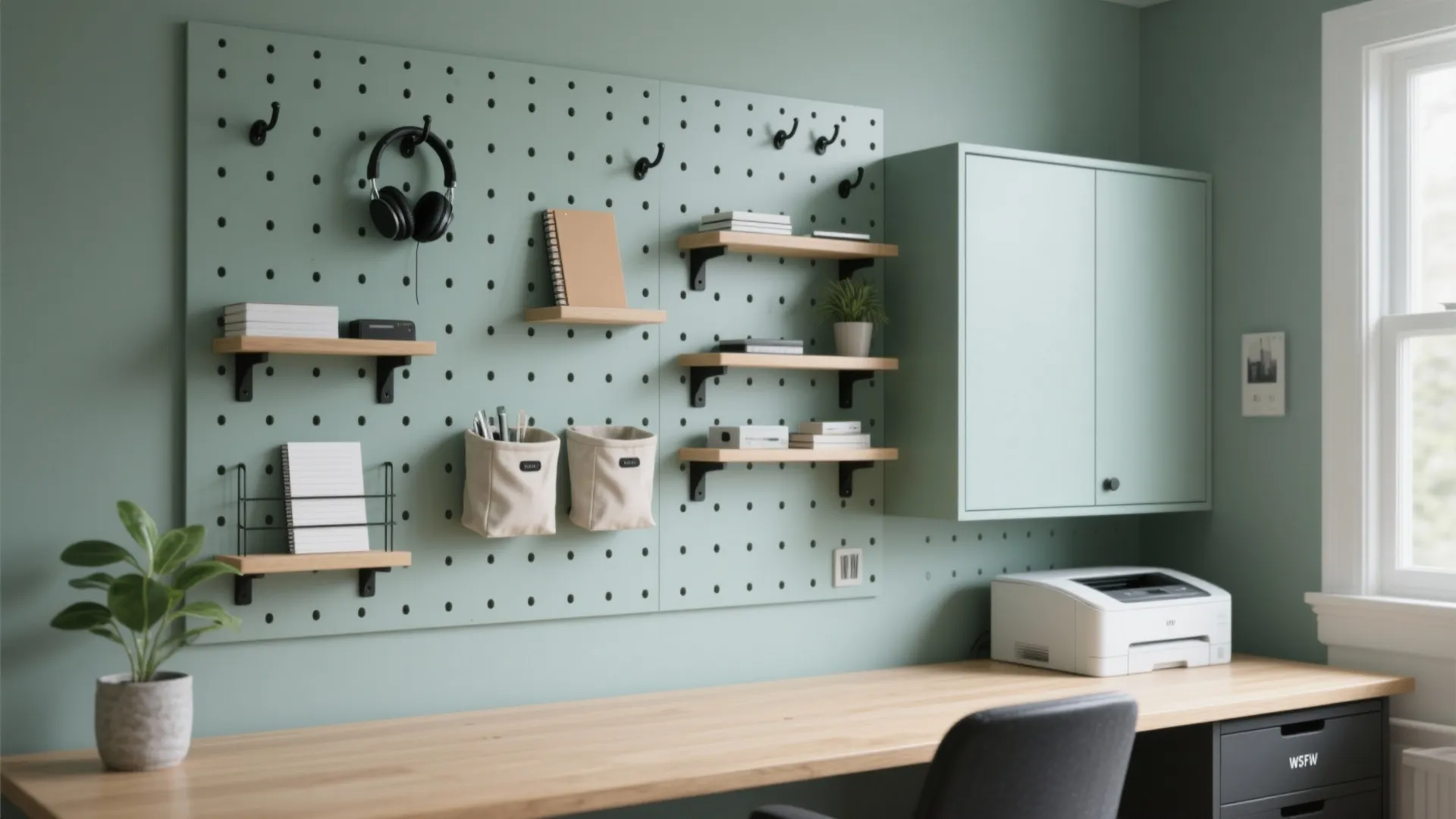 Idea 2: Vertical pegboard + hidden printer bay