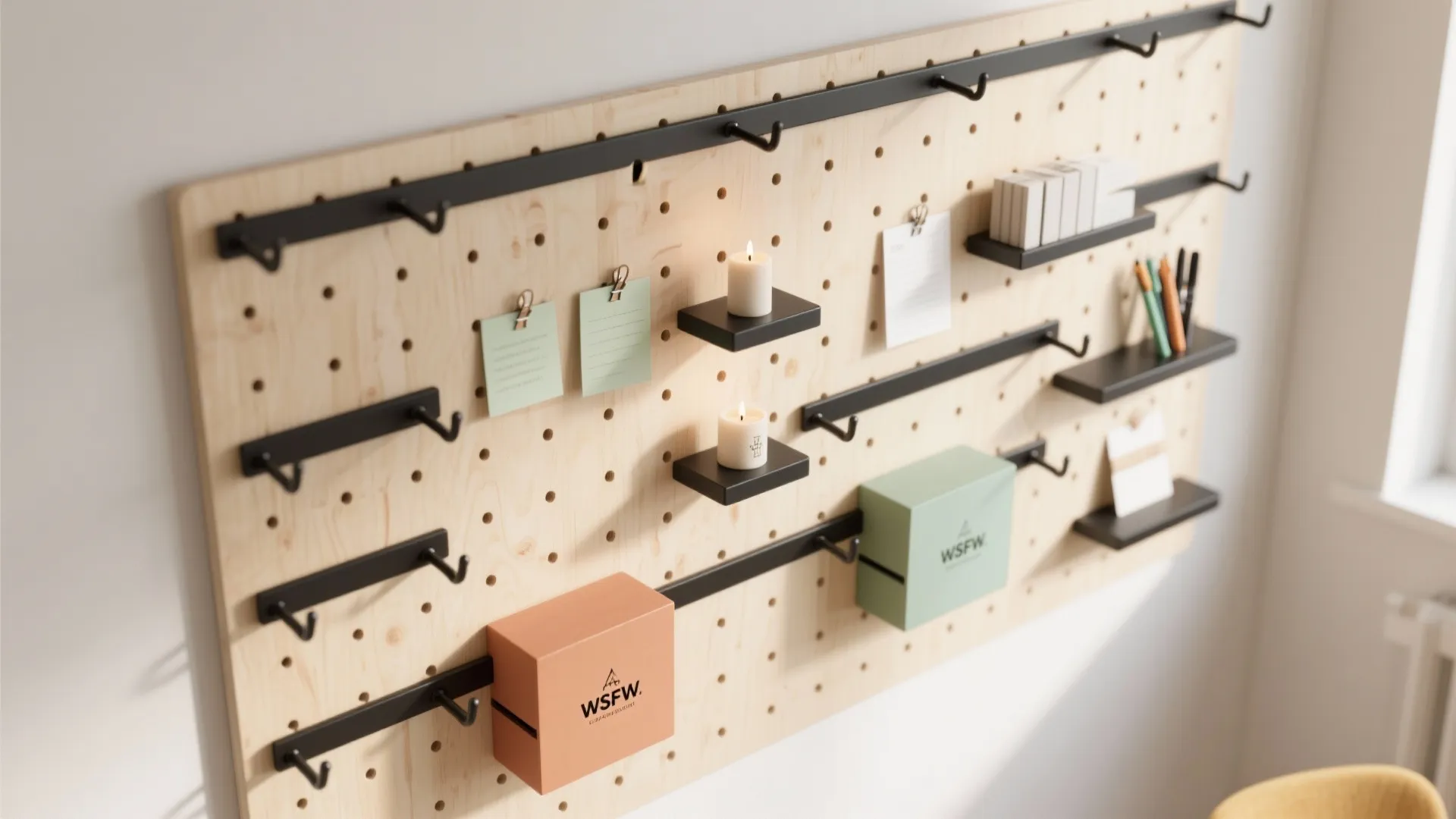 Wooden pegboard wall organizer with black hooks small shelves white candles sticky notes and boxes
