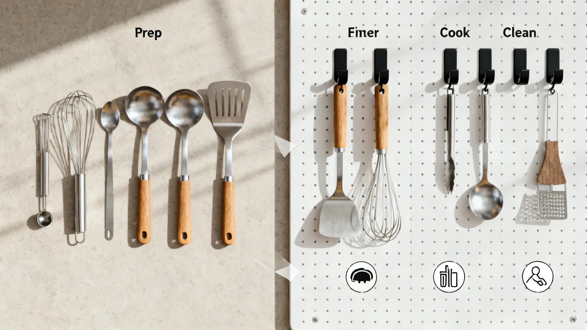 Top-down layout showing tools transitioning from counter to pegboard by workflow zones.