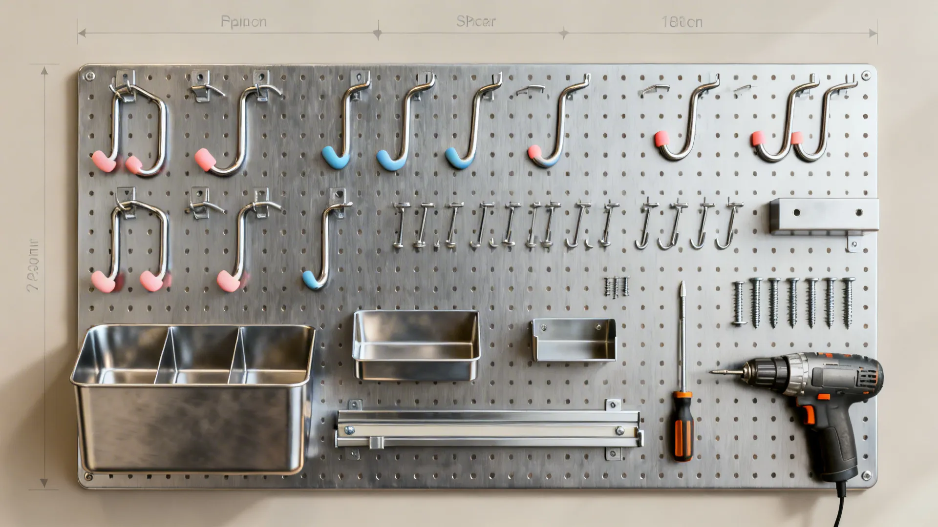 Top-down flatlay of pegboard hardware, hooks, bins, and tools laid out for planning.