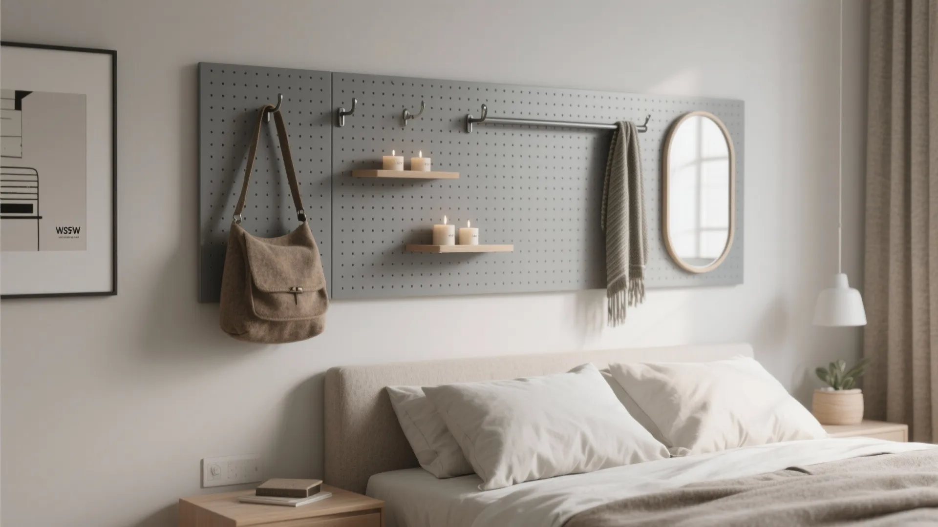 Pegboard bedroom gallery with hooks, mini shelves, a small mirror, and curated accessories in a calm Scandinavian palette.
