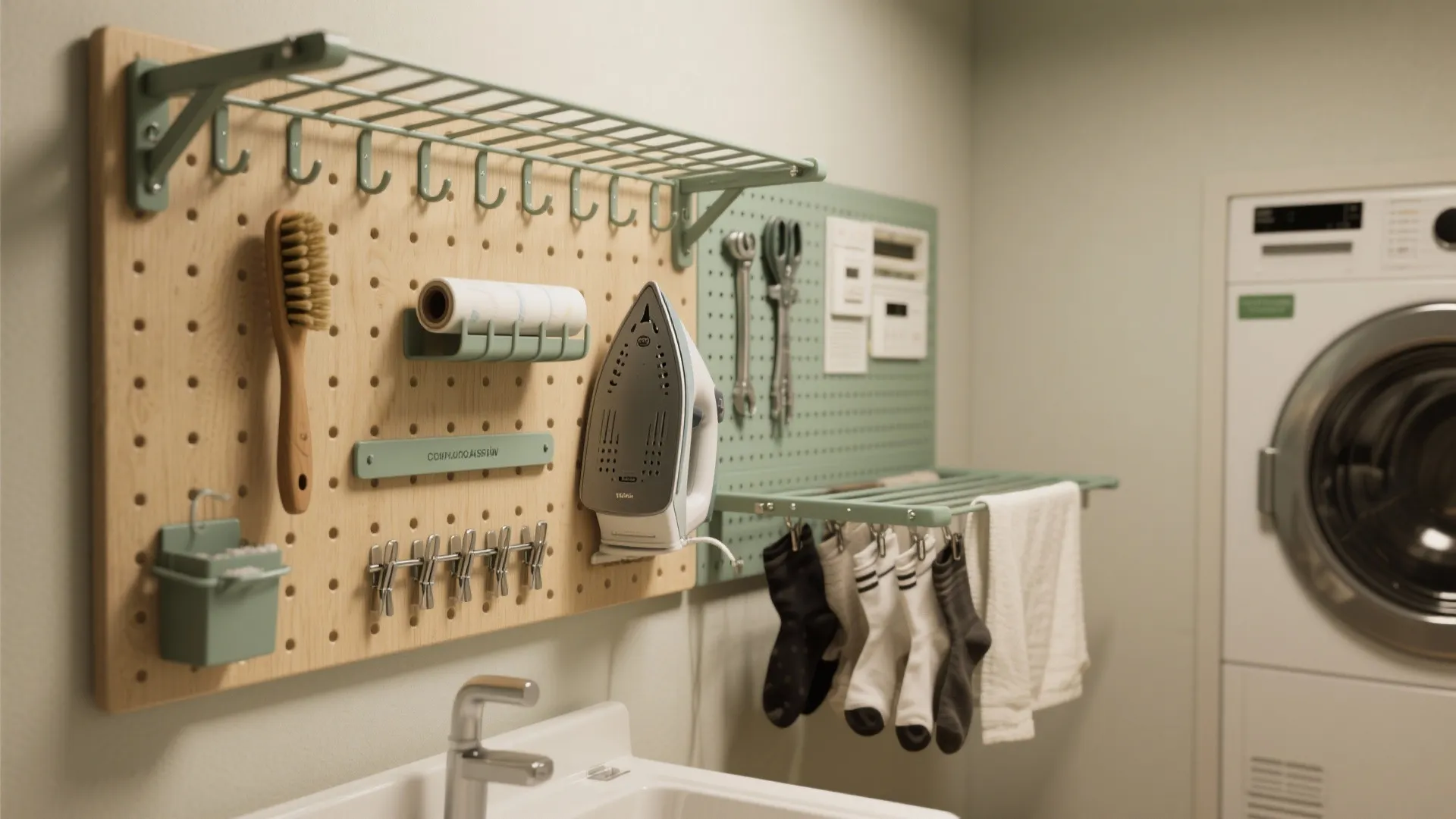 4. Wall-mounted drying rack plus pegboard for tiny tools