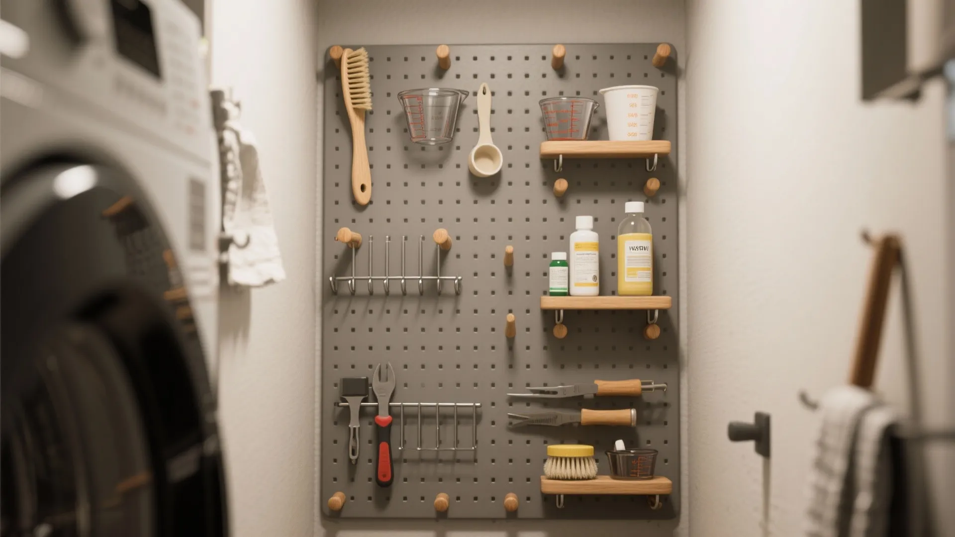 Grey pegboard wall organizer in a laundry room with hooks and small shelves for cleaning tools