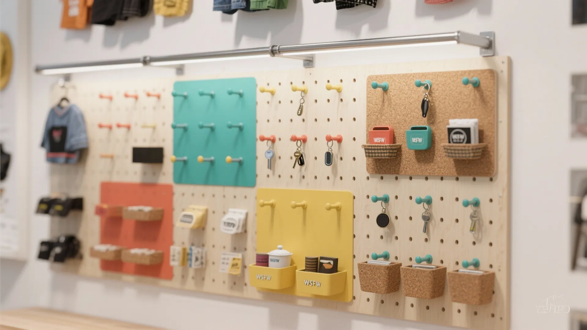 Wall organizer with colorful pegboards hooks and small baskets holding keys and various small items