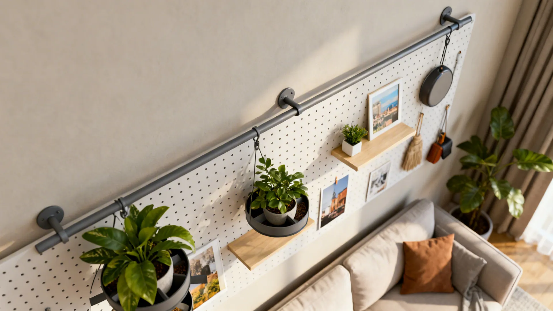 Sleek pegboard and rail system with plants and rotating displays in a small living room