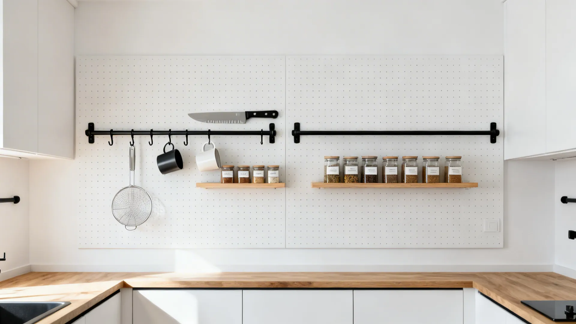 Full-height white pegboard with black rails, hooks, spices, and a magnetic knife strip in a compact kitchen.