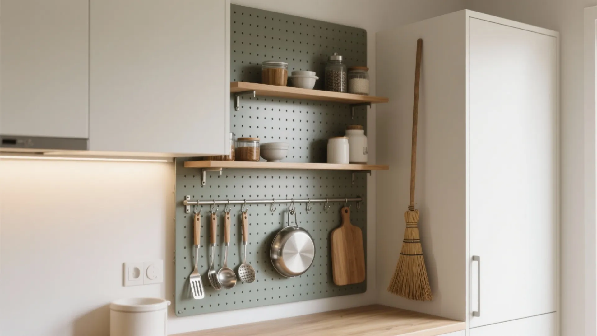 Green kitchen pegboard wall with wooden shelves glass jars hanging cooking tools and a broom