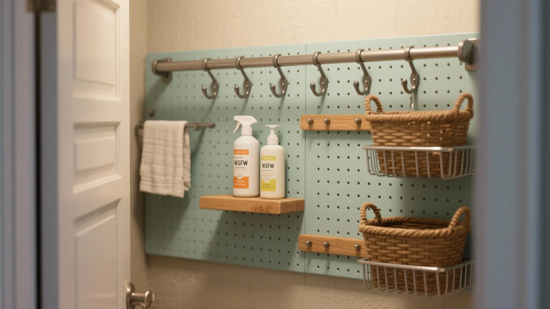 Light blue wall pegboard with metal hooks small wood shelf baskets and white cleaning bottles