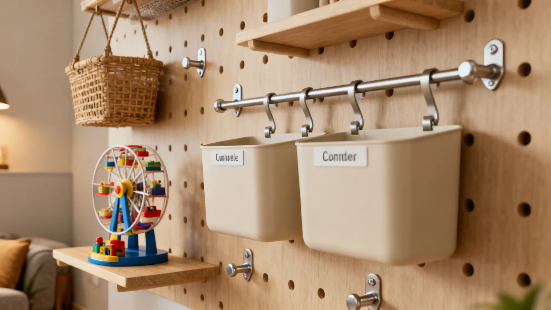 Wooden pegboard wall organizer with metal hanging rail plastic storage bins small shelves and toys