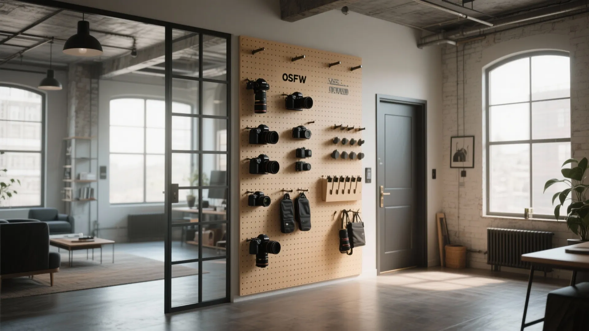 Floor-to-ceiling pegboard dividing a loft workspace
