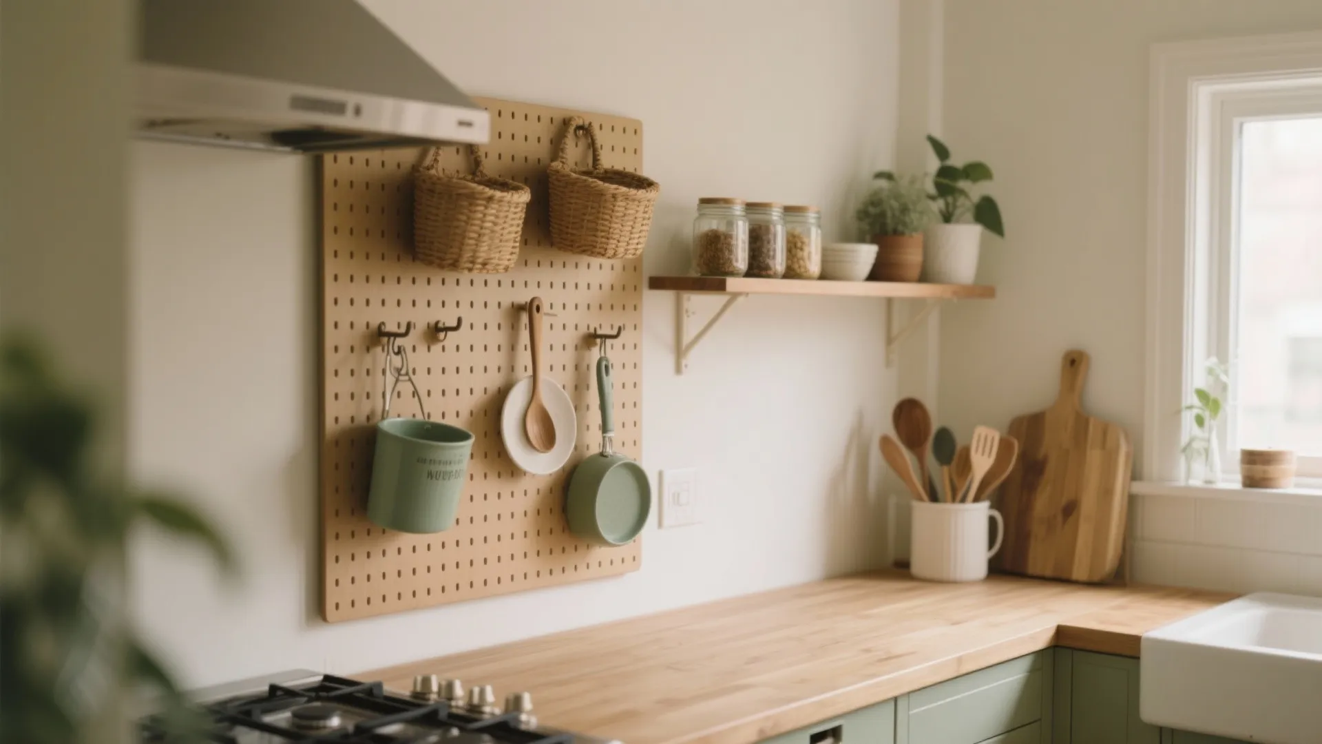 3. Hanging pegboards and open shelves