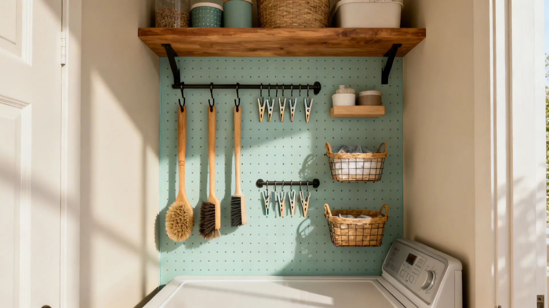 Pegboard and top shelf storing brushes and clothespins in a laundry space