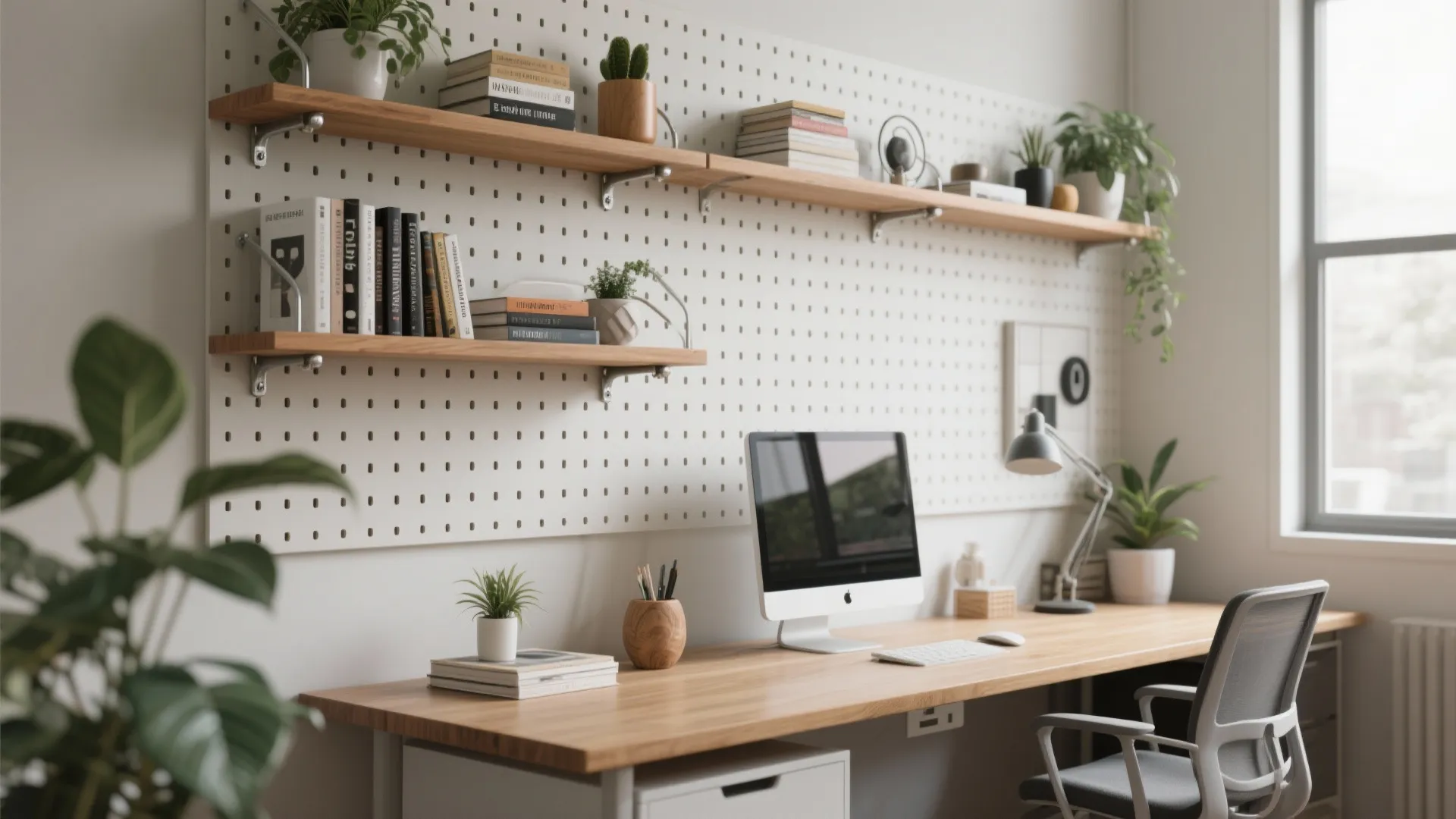 3. Pegboard + floating shelf combo for display and storage