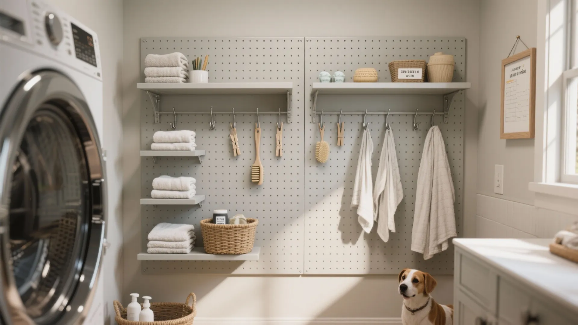 Laundry room wall with grey pegboard organizers hanging towels and brushes next to a washer