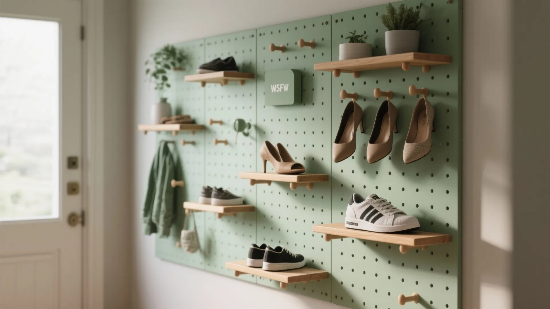 Light green wall pegboard with wooden shelves displaying various shoes and small green potted plants
