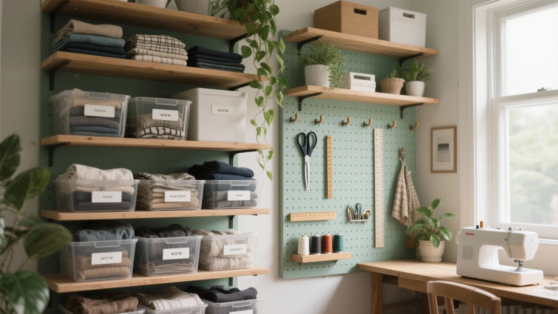 Organized craft room workspace with green pegboard wall shelving wooden desk and white sewing machine