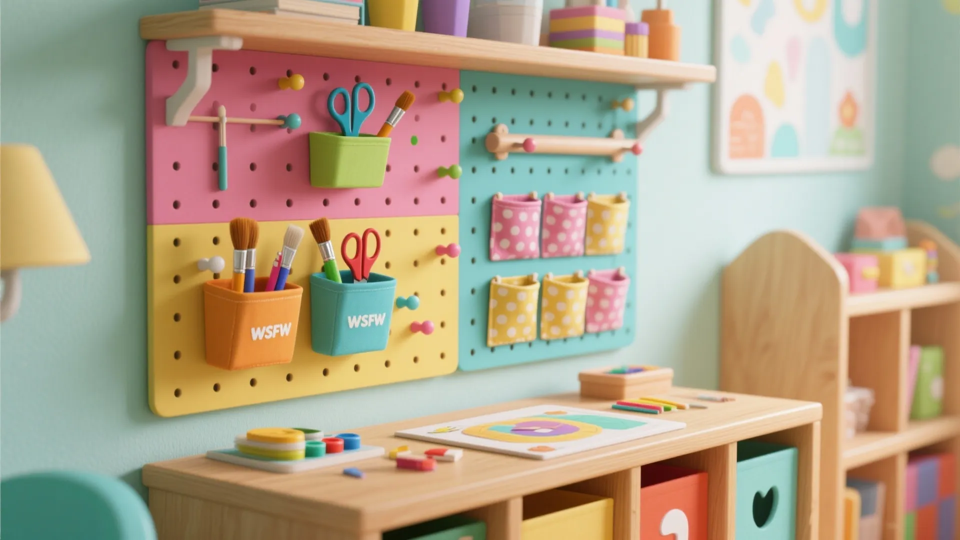 Colorful pegboard wall organizer with art supplies brushes and scissors above a wooden kids craft table