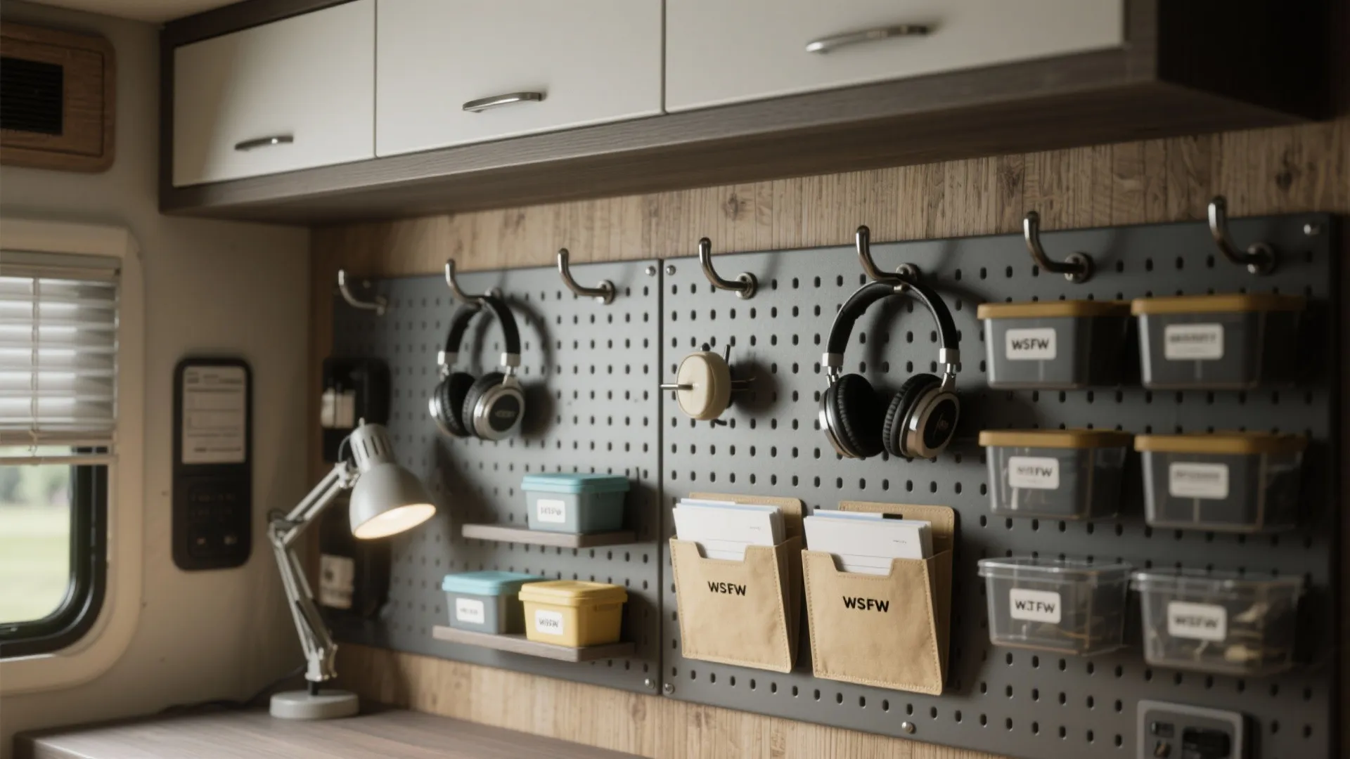 Dark grey wall pegboard with storage containers and headphones above a wooden desk with lamp
