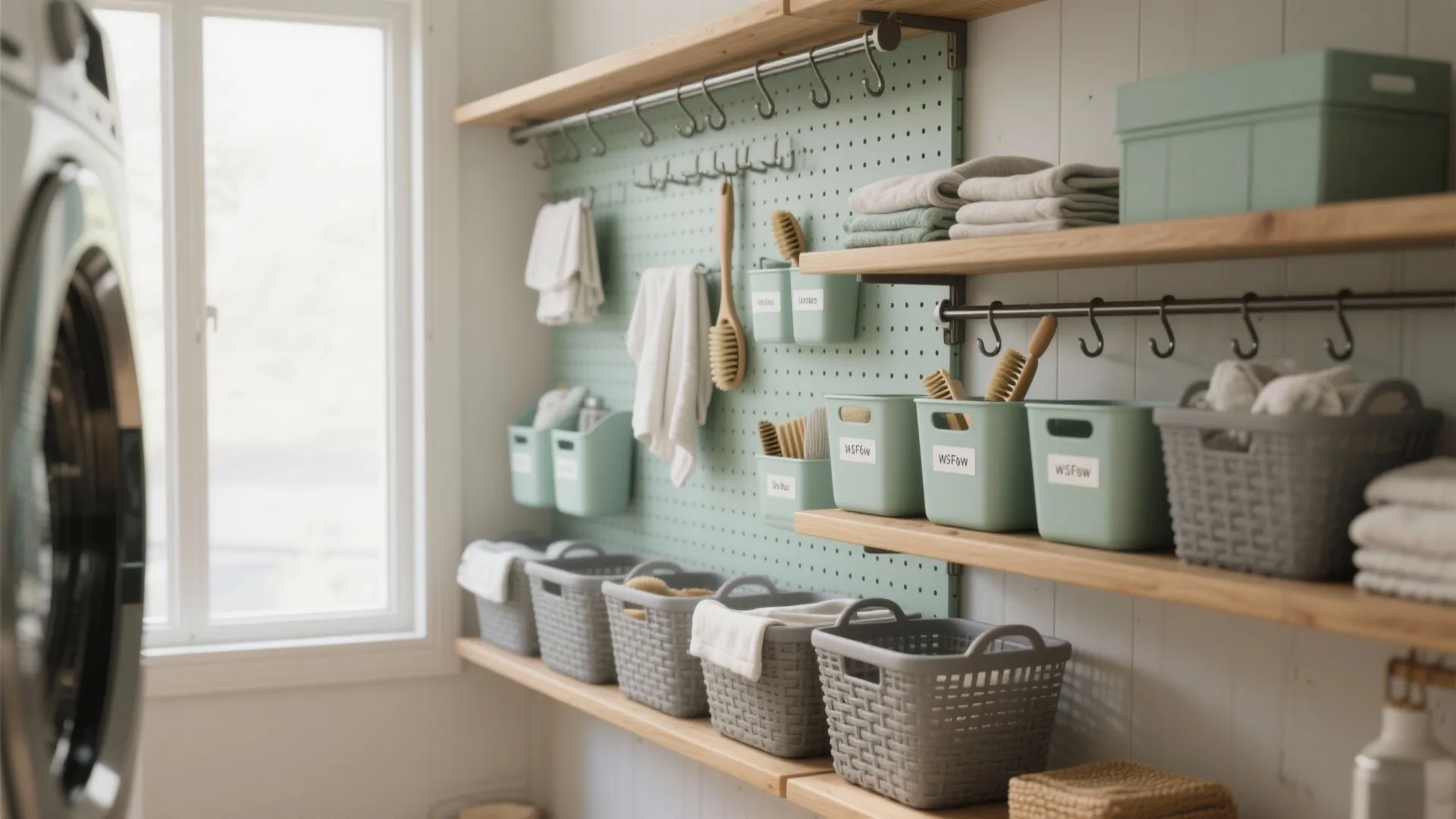 Green pegboard storage wall with wooden shelves grey baskets small plastic bins and white hand towels