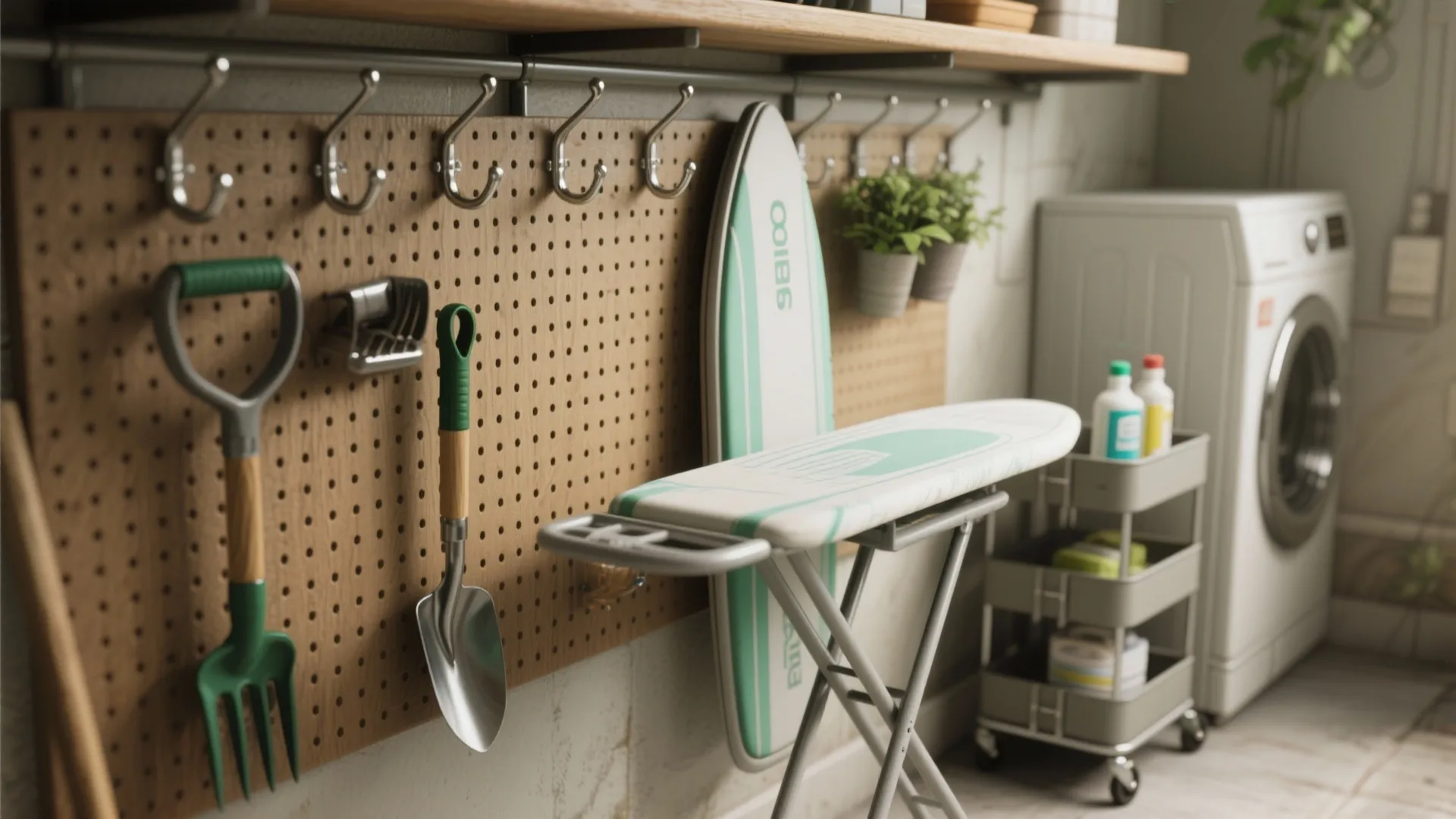 3. Use pegboards, wall rails, and rolling carts for flexible storage