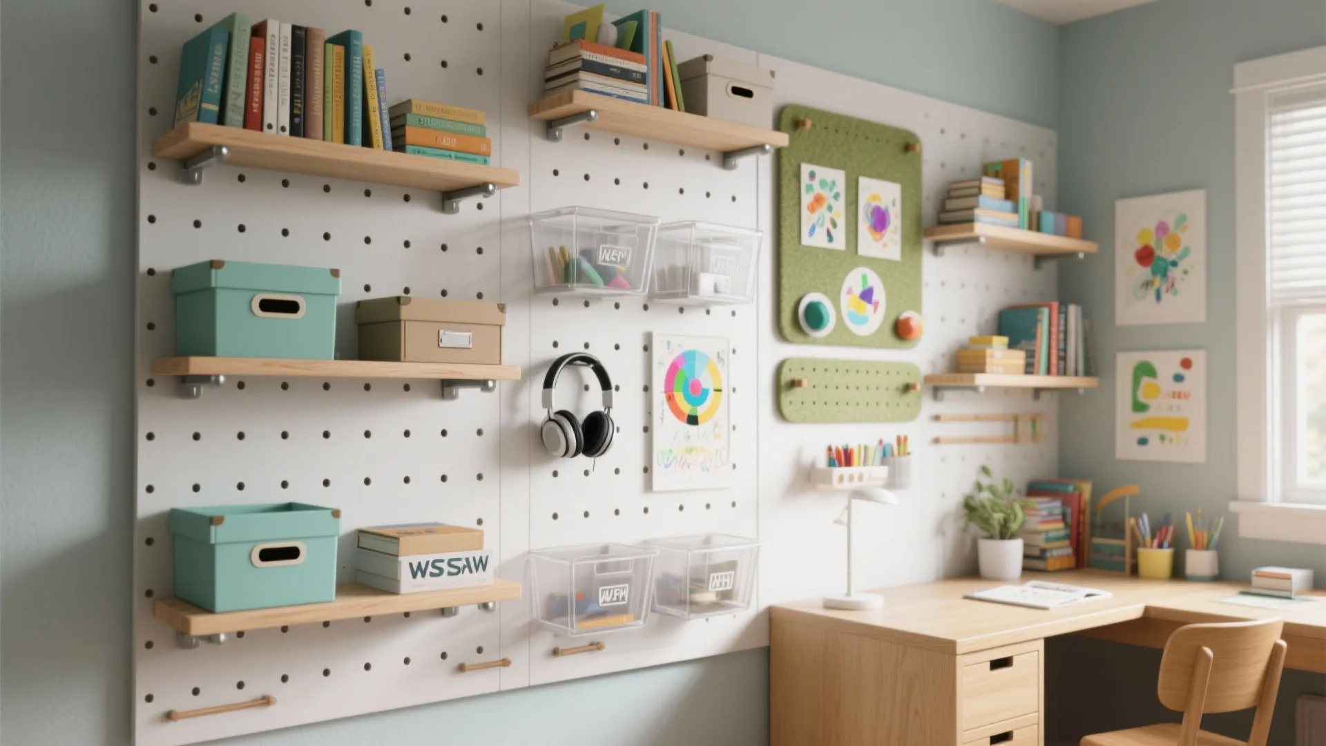 Vertical storage with pegboards and rails