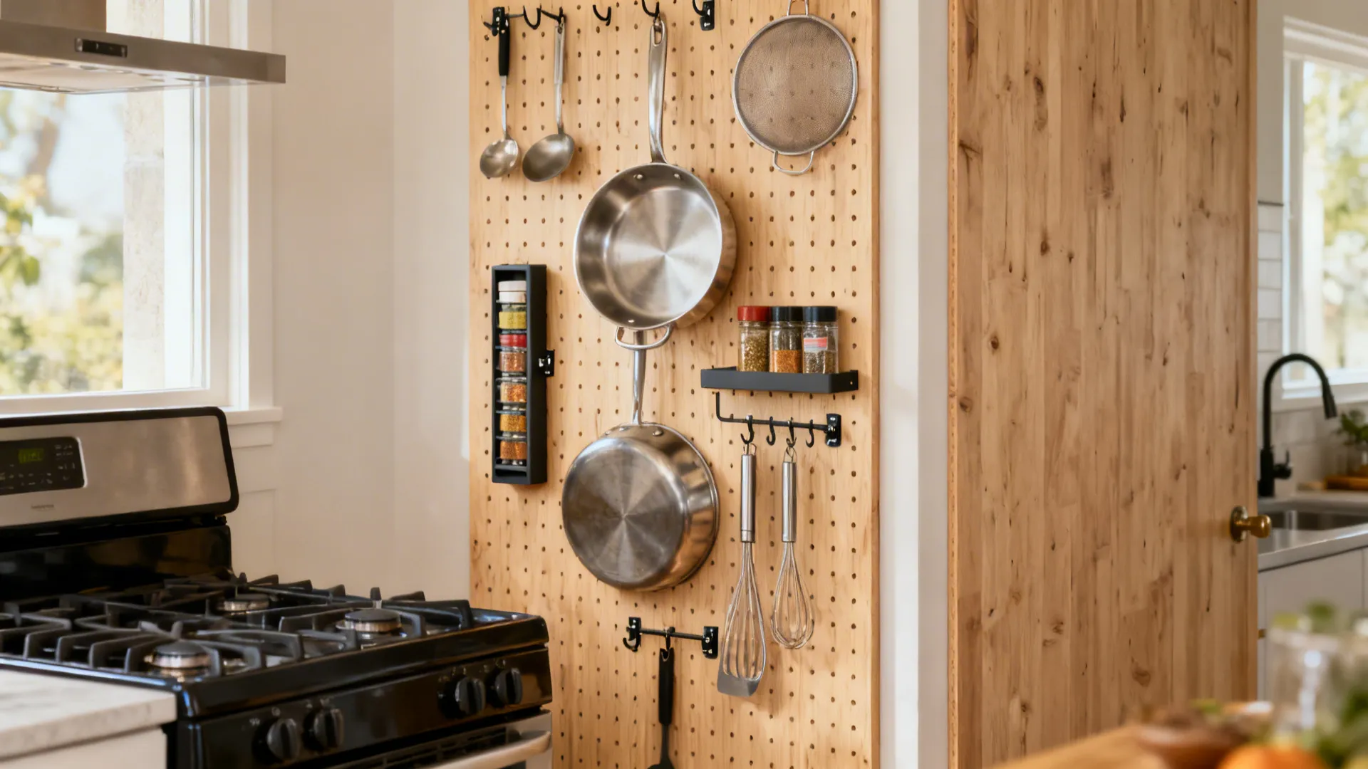 Full-height pegboard beside the range holding pans, strainers and a spice rack in a small kitchen.