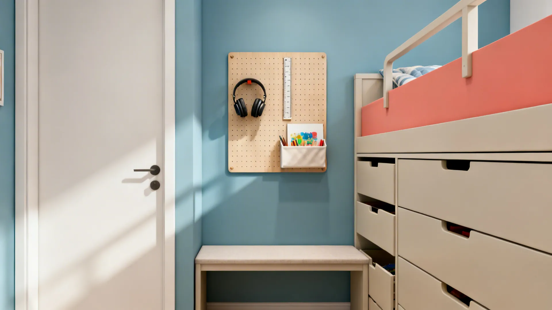 Pegboard wall with essentials organized near a bunk bed with deep drawers.