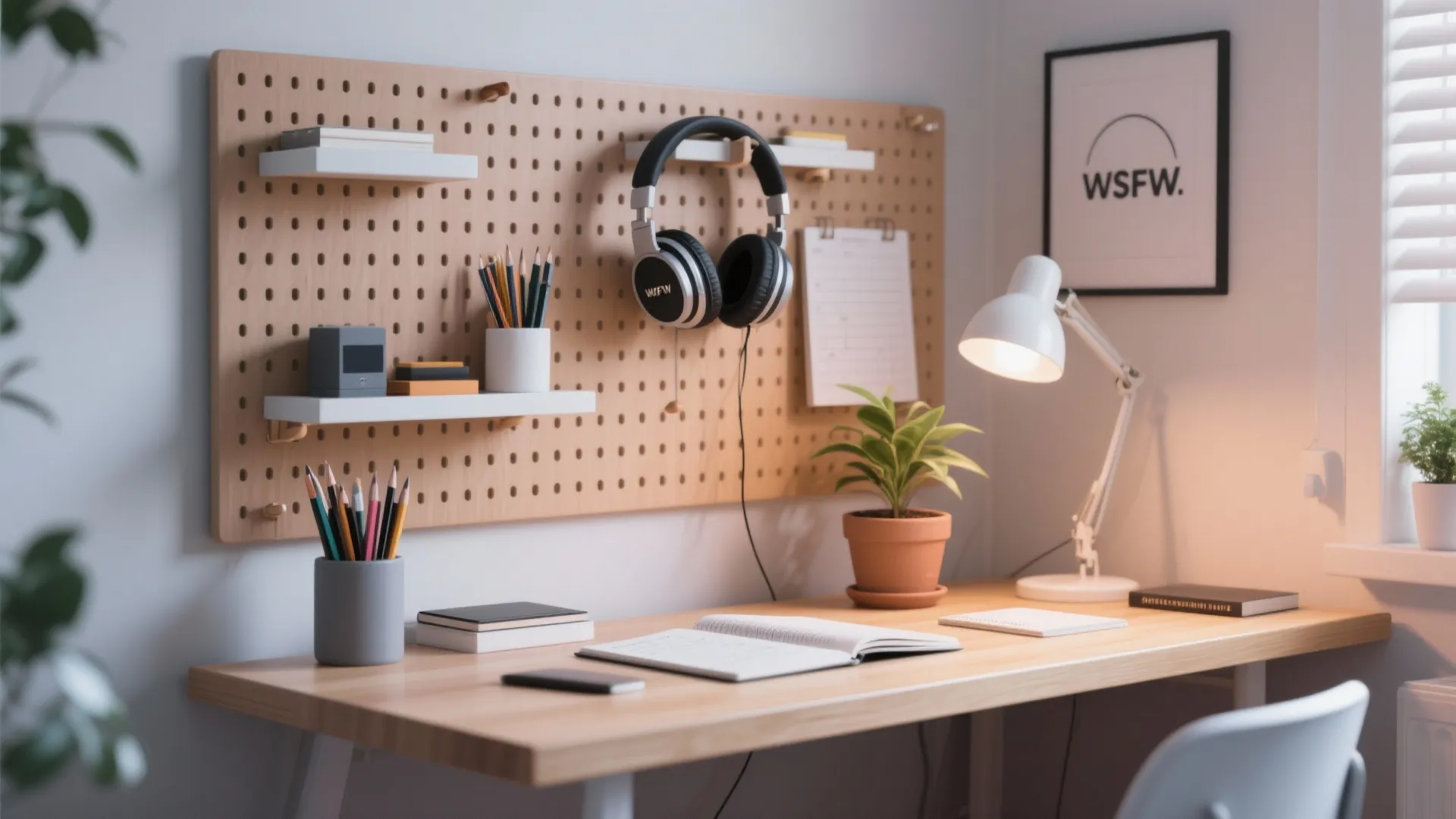 Modern wooden study desk with pegboard organizer hanging headphones small plant and white desk lamp