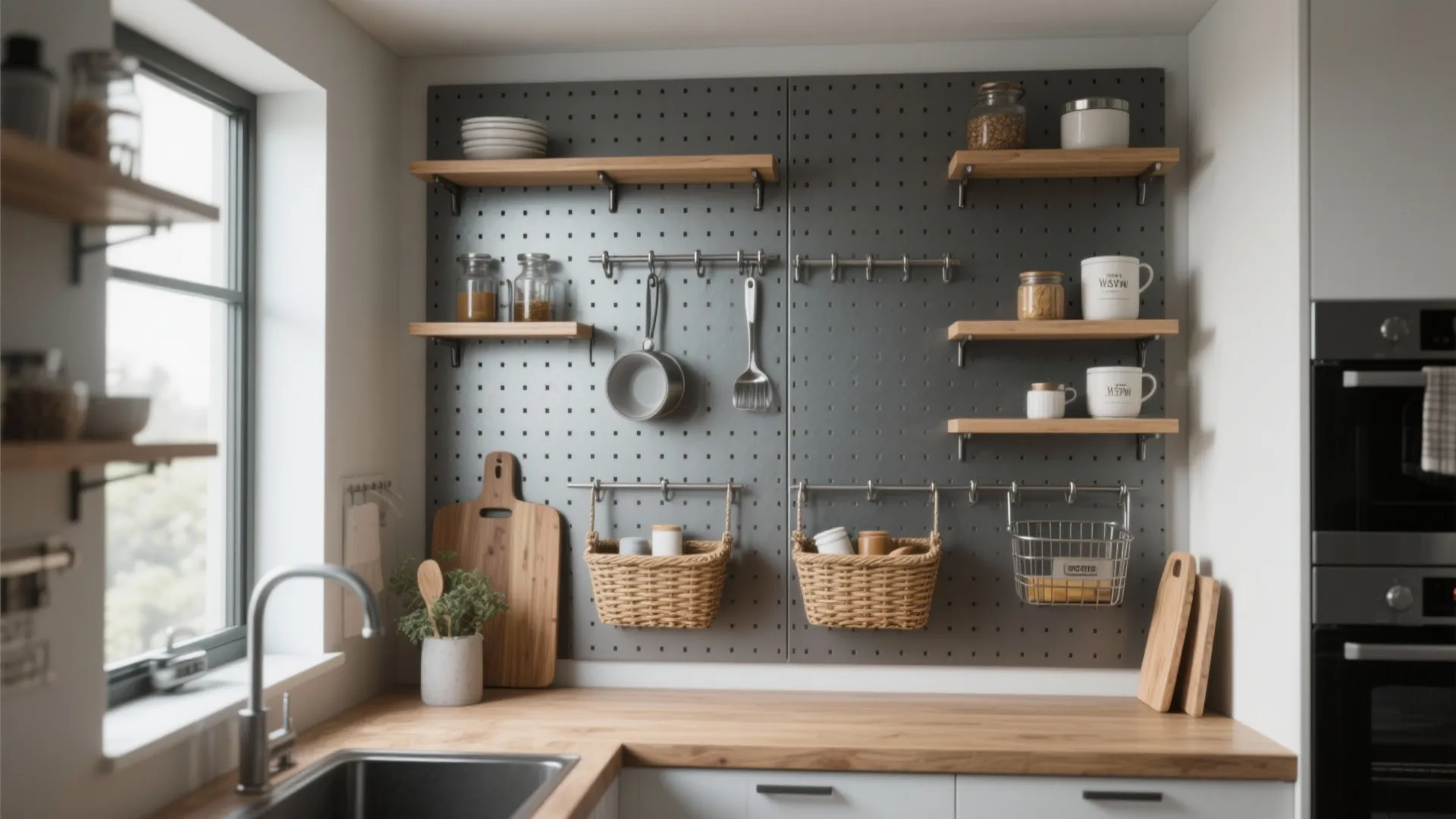 Kitchen wall storage with gray pegboard wooden shelves hanging baskets and sink on wooden counter