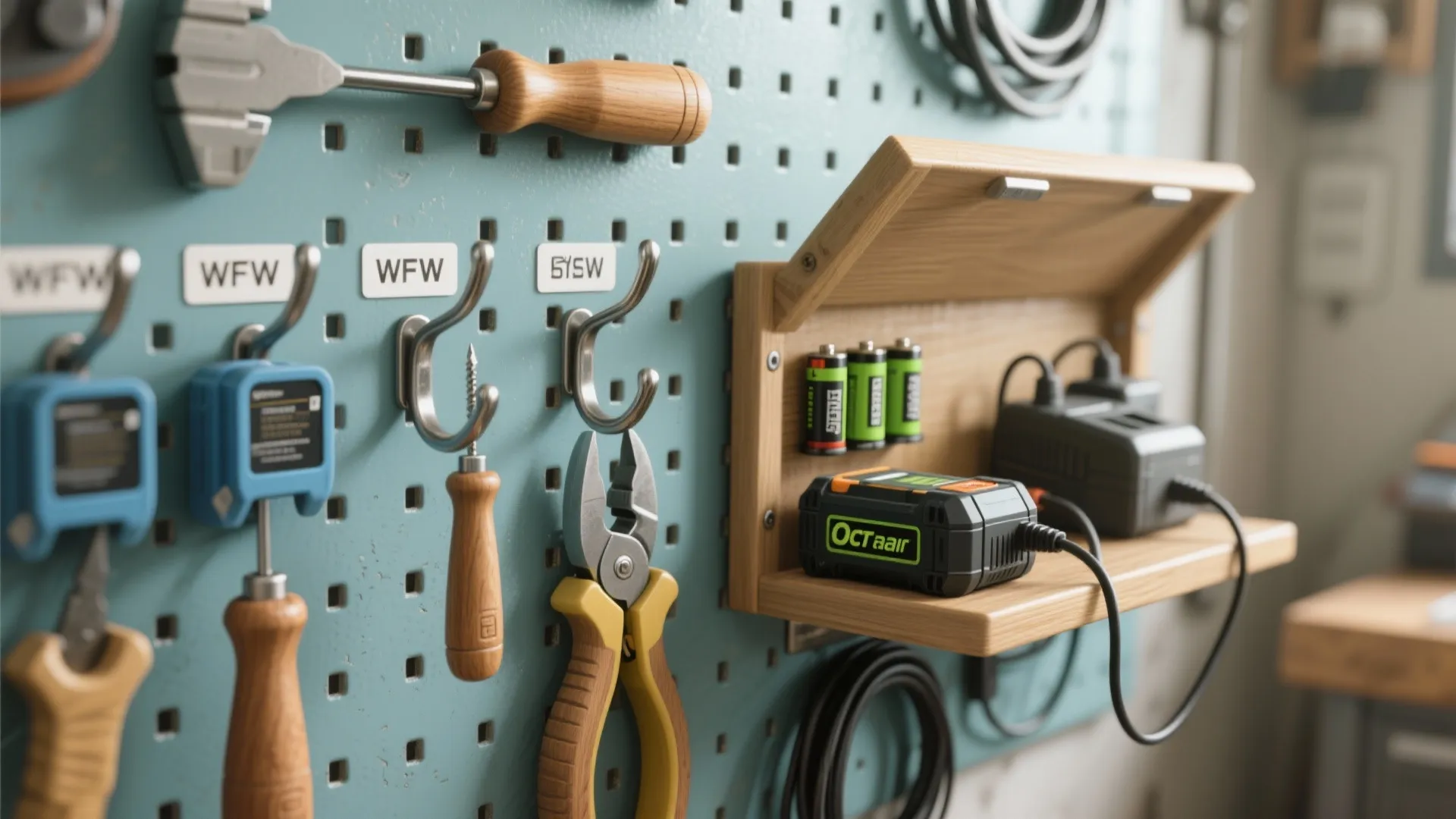 Pegboard + flip-up tool station above the bench