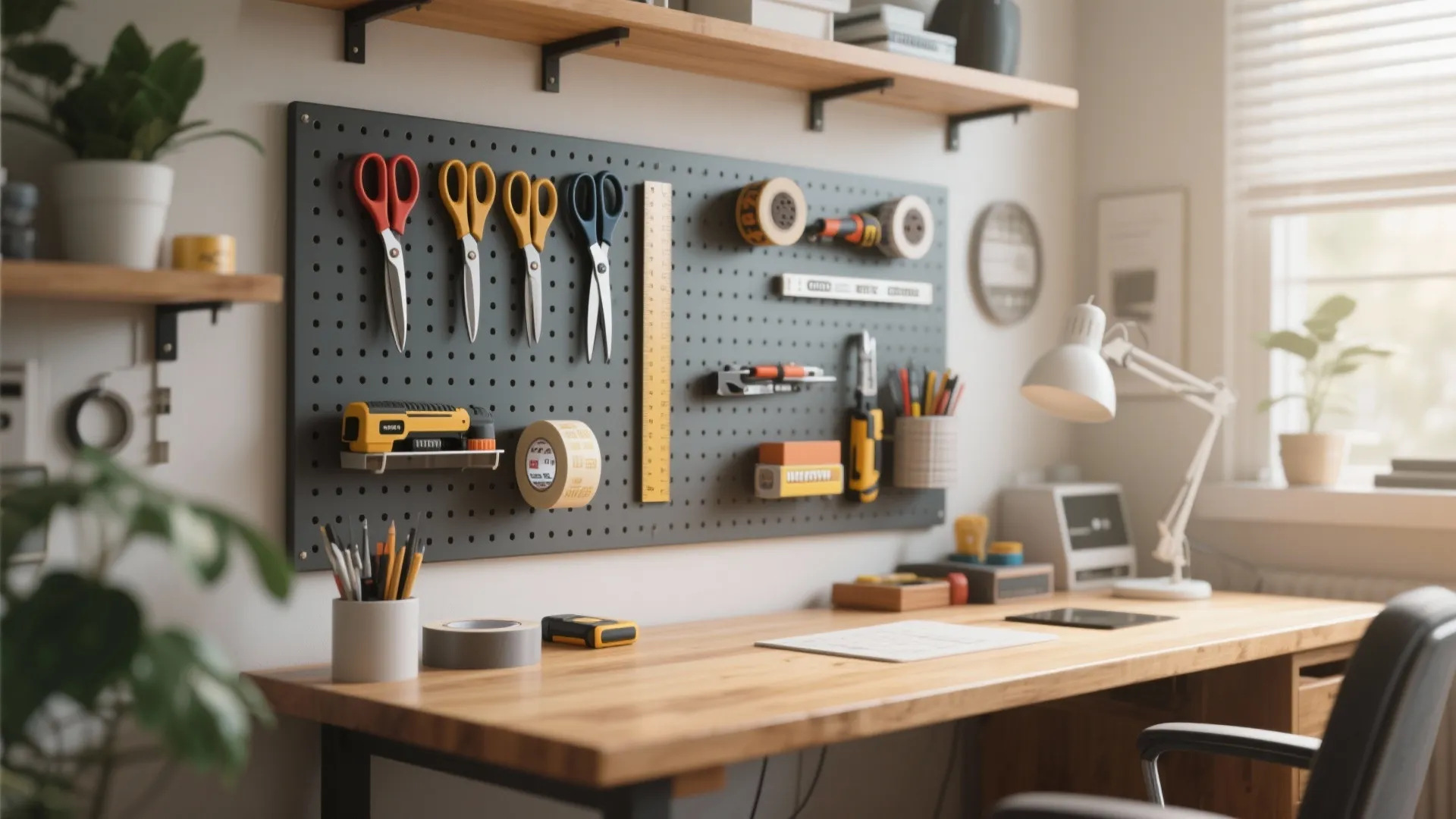 Black wall pegboard with tools hanging above a wooden desk with a white desk lamp