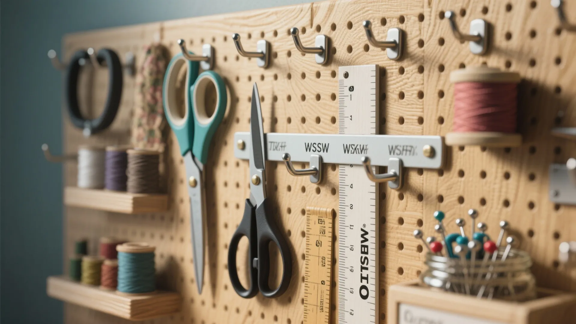 Wooden pegboard wall organizer with hanging scissors metal hooks measuring ruler and various sewing thread spools