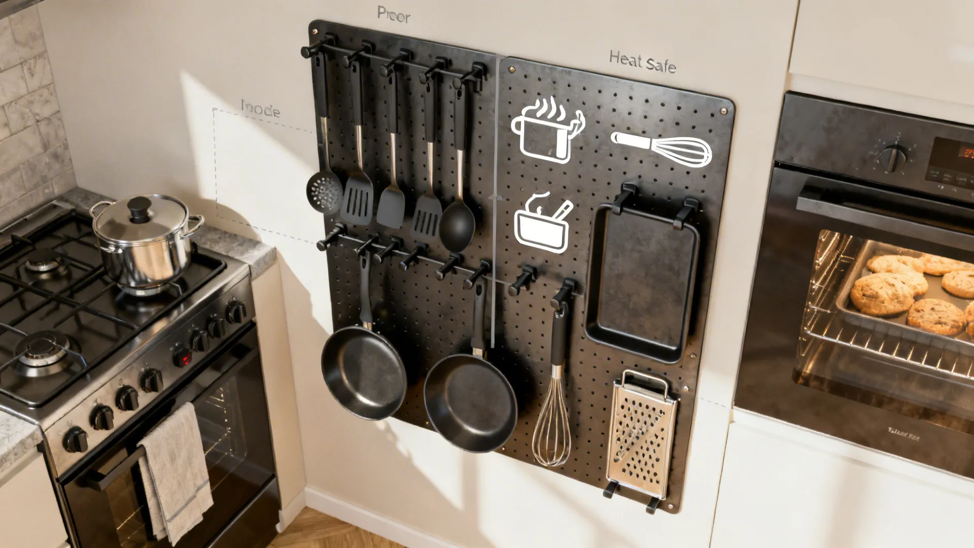 Top-down view showing a steel pegboard organized into functional zones along the wall.