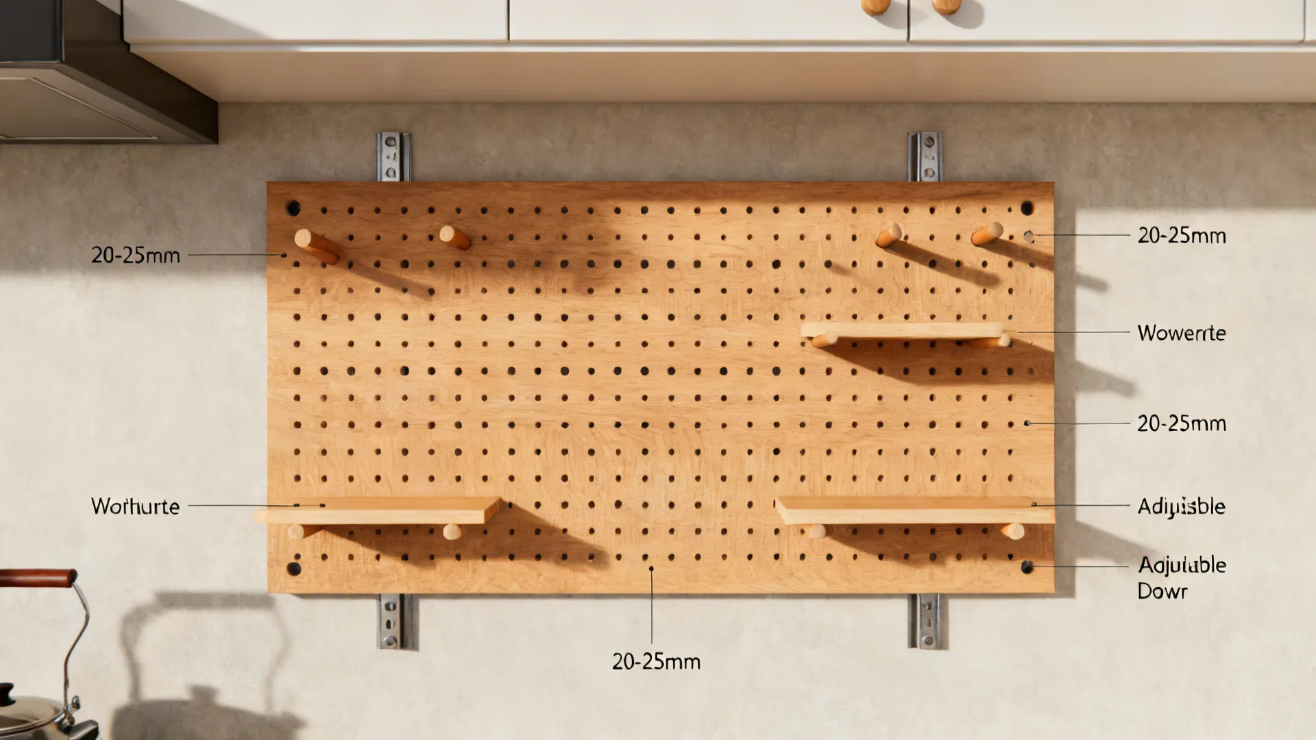 Top-down view of beech pegboard components with dowels and shelves arranged.