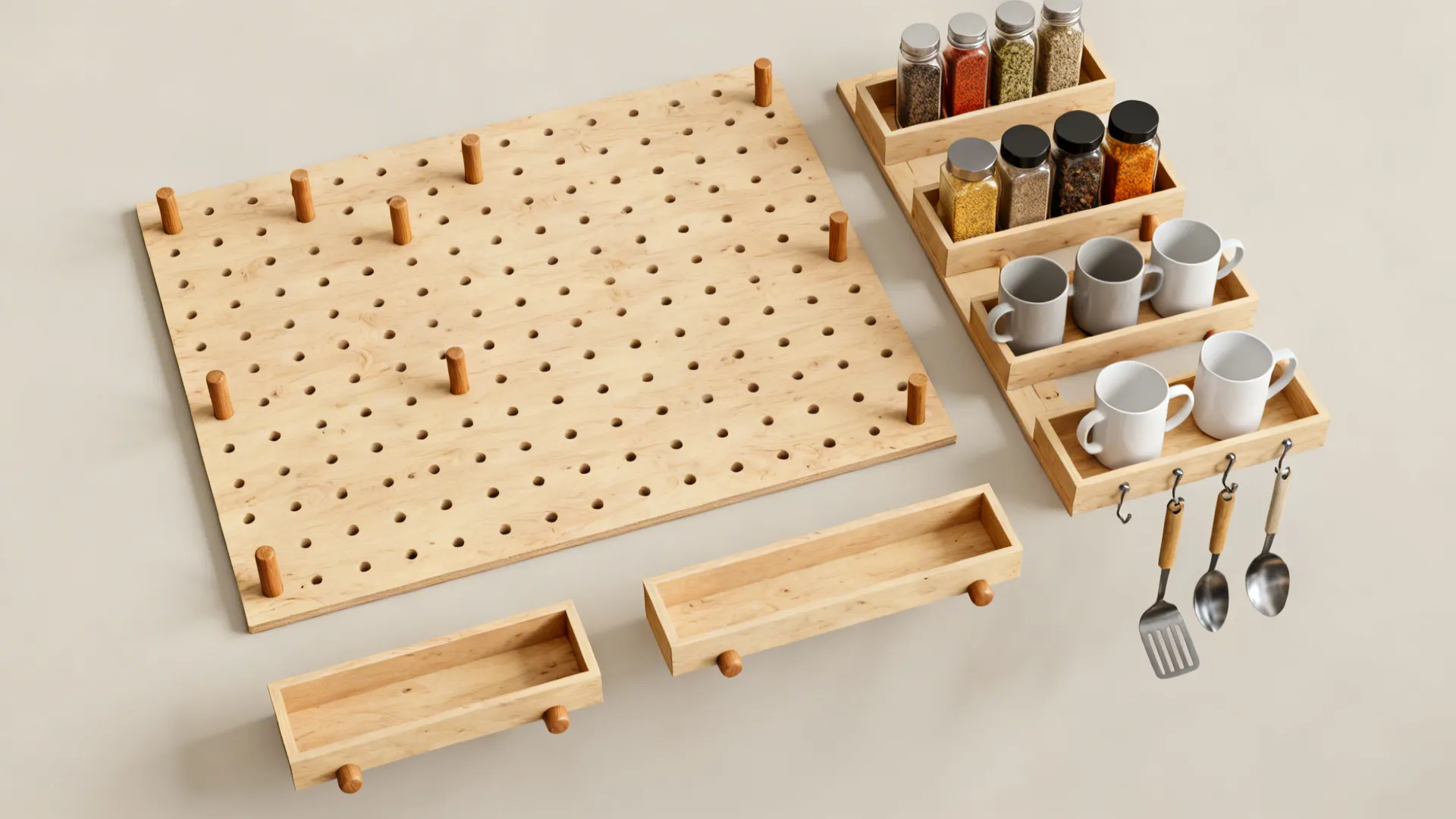 Top-down layout showing birch pegboard panel, pegs, shelves, and hooks arranged modularly.