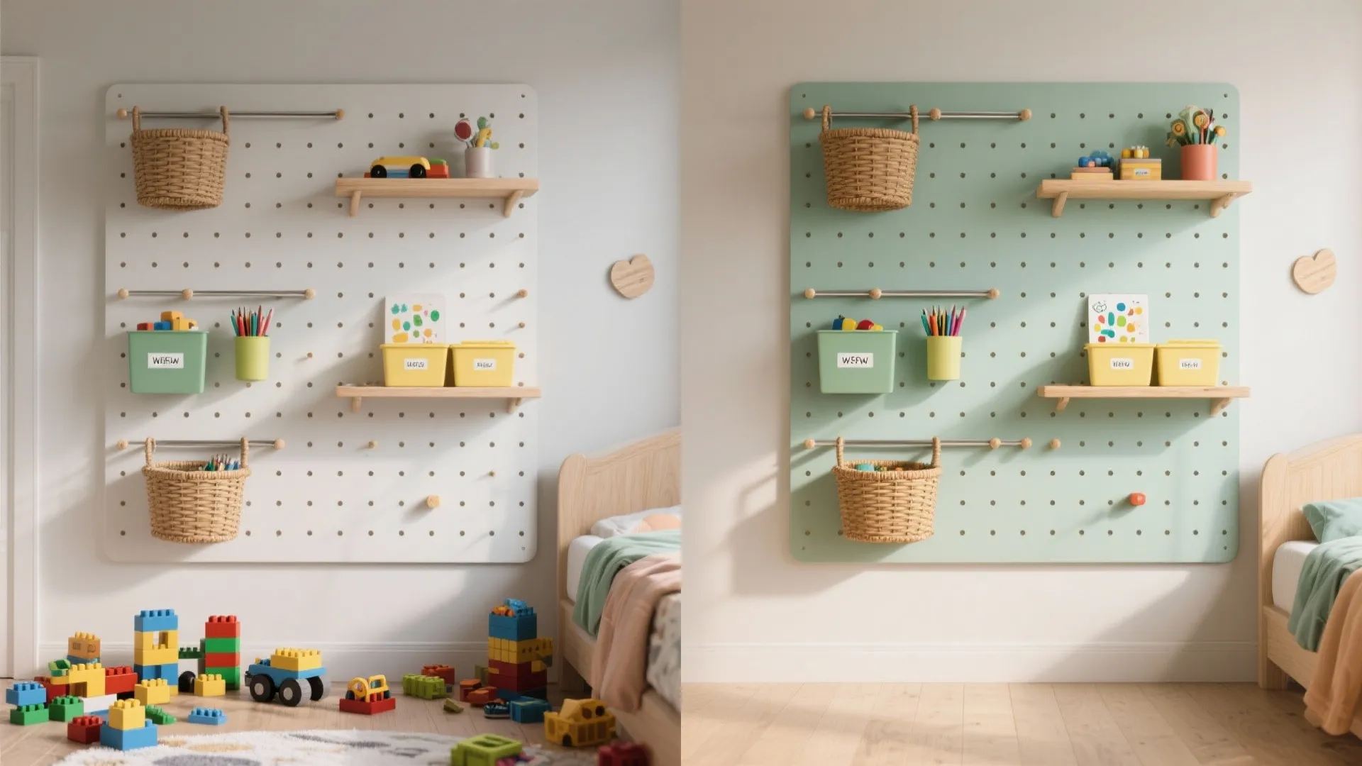 Vertical pegboard wall + rail system for toys and art