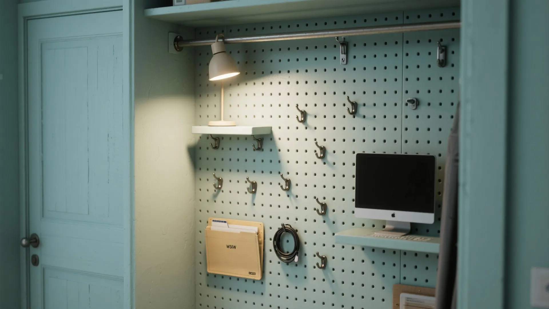Light green wall pegboard with metal hooks, small shelves, computer monitor, and a desk light